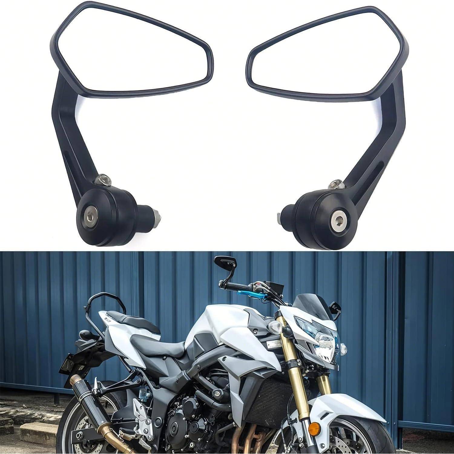 Paar von Motorrad-Rückspiegeln über einem weißen Sportmotorrad, zeigt Ersatzteile und ihren Installationskontext.