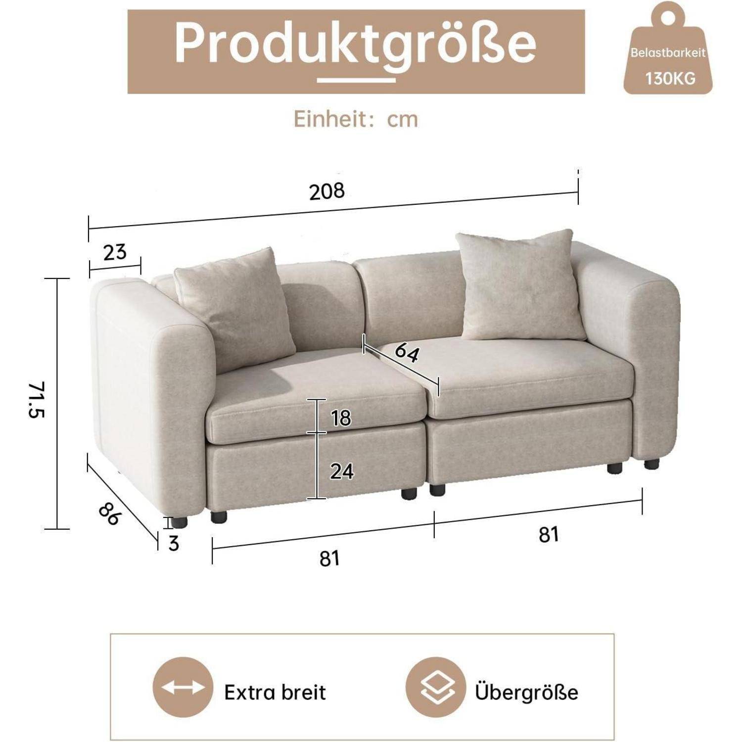 Dimensioniertes beiges Ecksofa mit zwei Kissen; beschriftet mit „Produktgröße