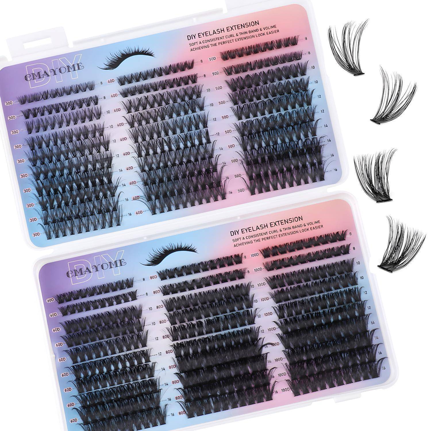 Zwei DIY-Wimpernverlängerungs-Tablett mit assortieren falschen Wimpernbüscheln, organisiert nach Länge und Stil, gezeigt mit Beispiel-Wimpern-Grafiken auf der rechten Seite.