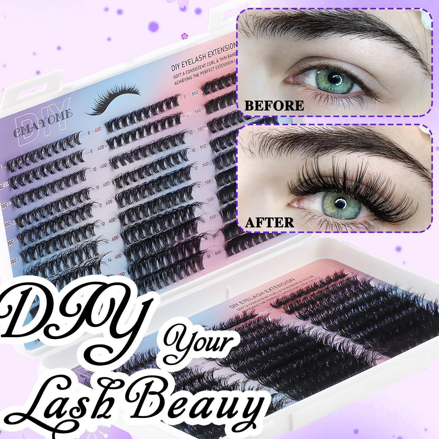 Werbe-Grafik für Wimpernverlängerungen mit Wimpernpaletten und einem Vorher-Nachher-Vergleich von Augen mit den Beschriftungen 