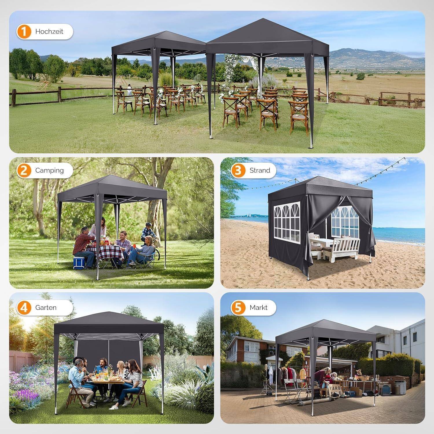 Collage zeigt ein dunkelgraues Pop-up-Baldachindach, das für Hochzeitsempfang, Camping, Strandschatten, Gartendining und Marktstand-Nutzung verwendet wird.