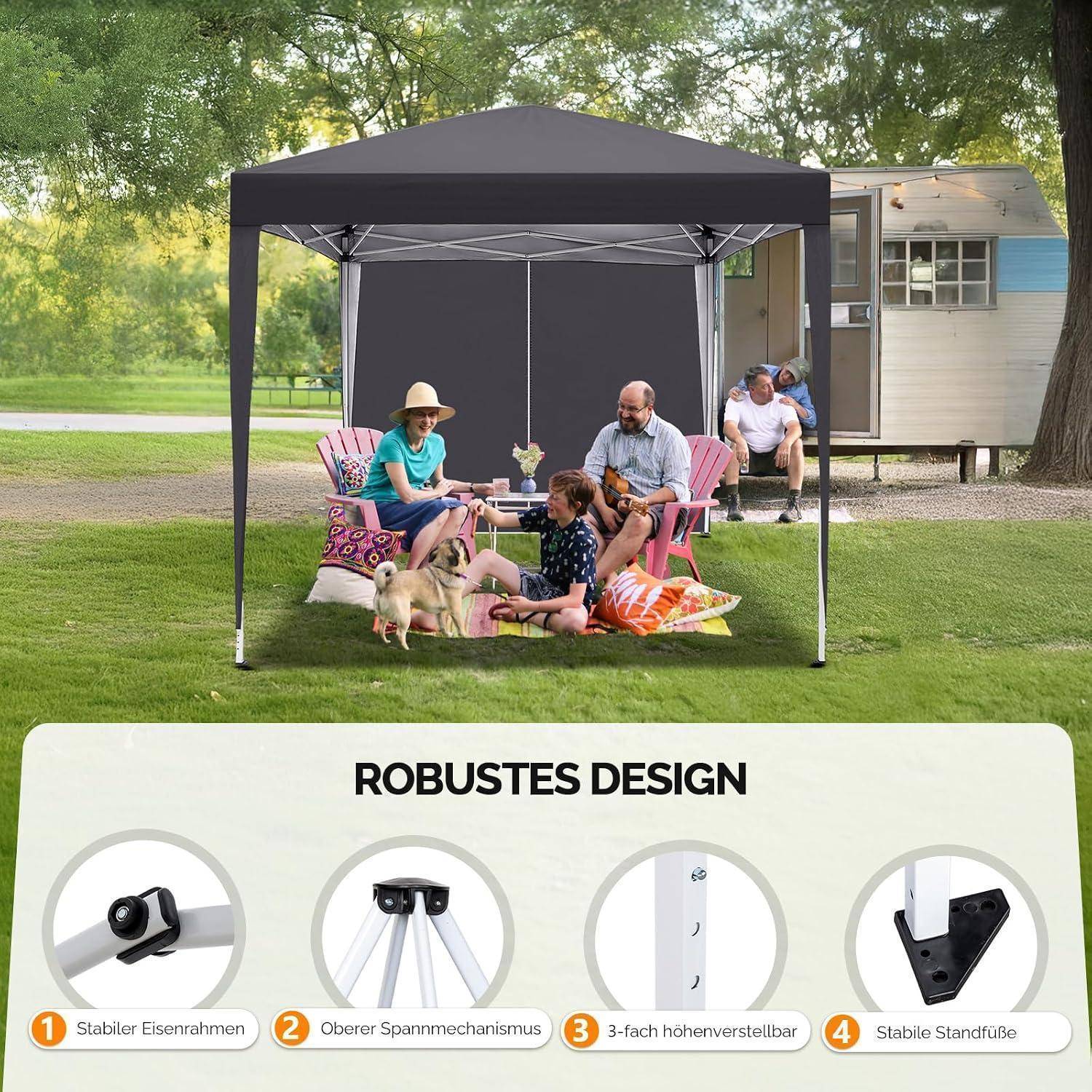 Familie entspannt sich unter einem schwarzen Baldachindach auf einer Wiese, mit einem kleinen Hund in der Nähe; unten zeigt eine Produktgrafik mit dem Titel „ROBUSTES DESIGN" vier Symbole für Zeltmerkmale.