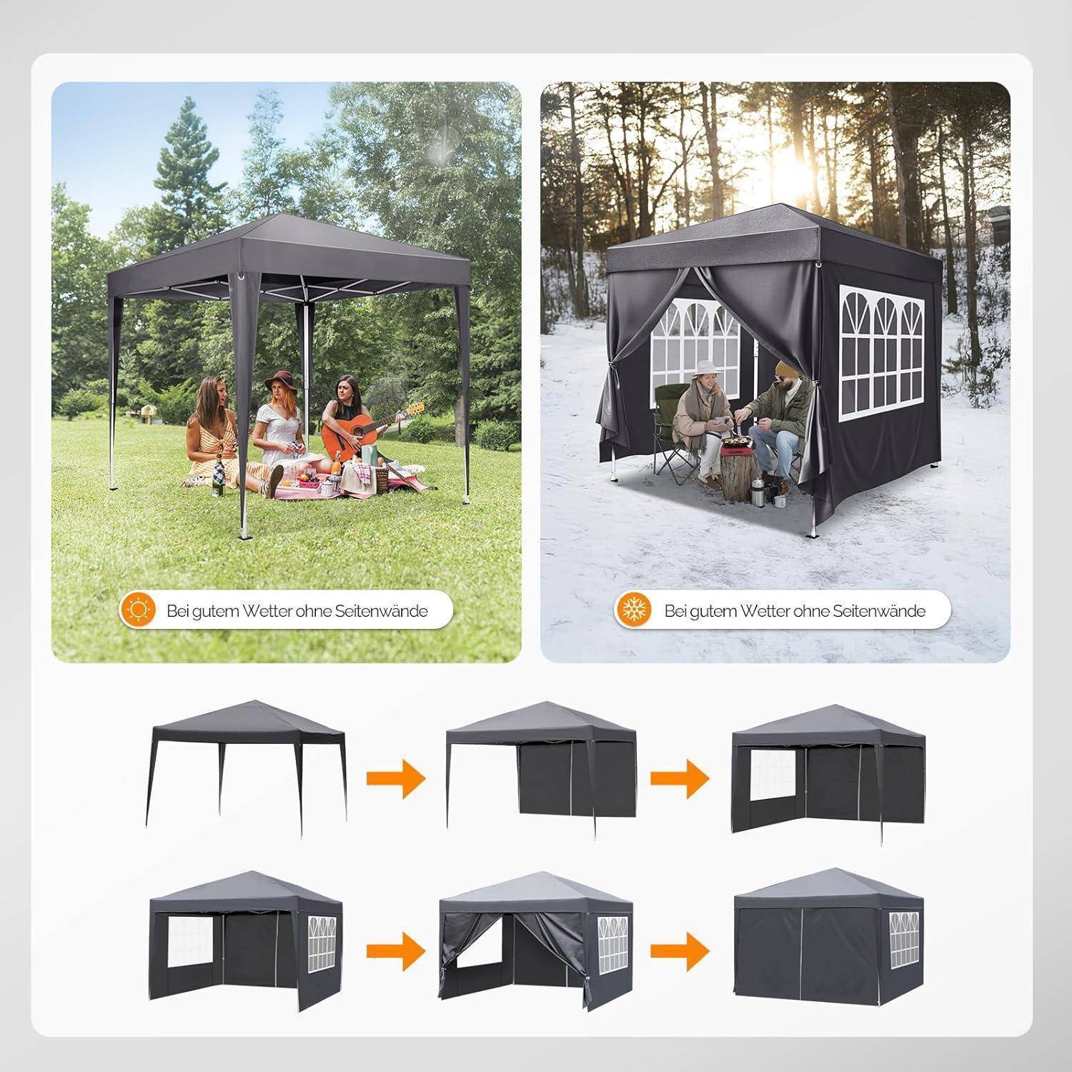 Illustration eines Pop-Up-Pavillons mit optionalen Seitenwänden, dargestellt offen bei schönem Wetter und geschlossen bei kaltem Wetter, plus schritt-für-schritt Aufbaustadien.