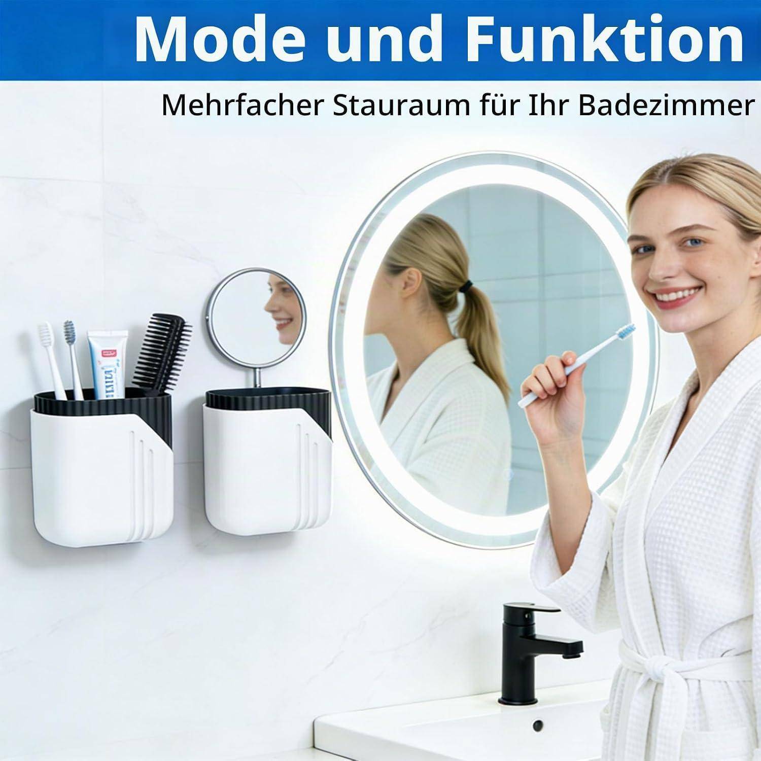 Badezimmerorganizer-Anzeige mit wandmontierten Aufbewahrungsbechern, einem Spiegel und einer Frau im Bademantel, die sich die Zähne putzt; der Text lautet „Mode und Funktion