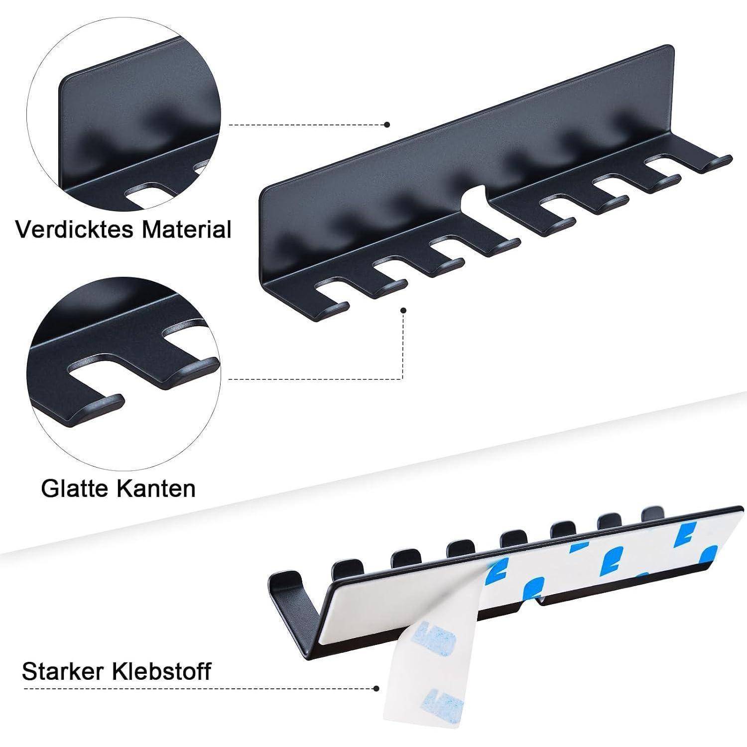 Schwarze wandmontierte Metallhakenliste mit Nahaufnahmen, die das dicke Material, glatte Kanten und die starke Klebstoffunterlage hervorheben.