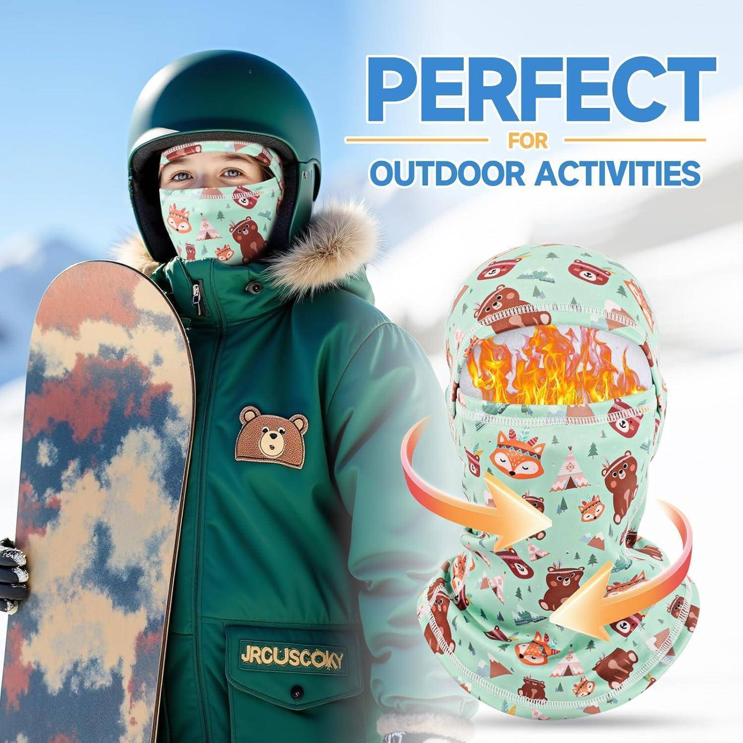 Helmettragender Snowboarder in Winterkleidung mit Gesichtsbedeckung, neben einer rotierenden Halsschlauch-Grafik und dem Text „PERFEKT FÜR OUTDOOR-AKTIVITÄTEN