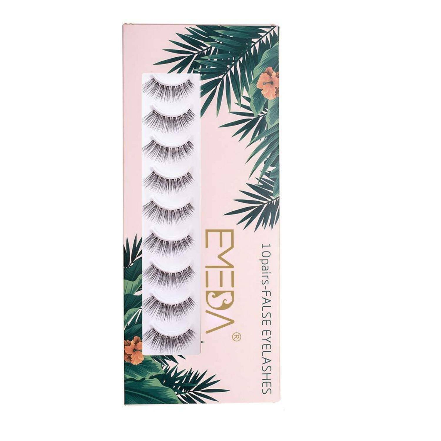 Rosa Schachtel mit KÜNSTLICHEN WIMPERN mit 10 Paar Streifen-Wimpern, Palmblatt-Blumenmuster und goldenem 