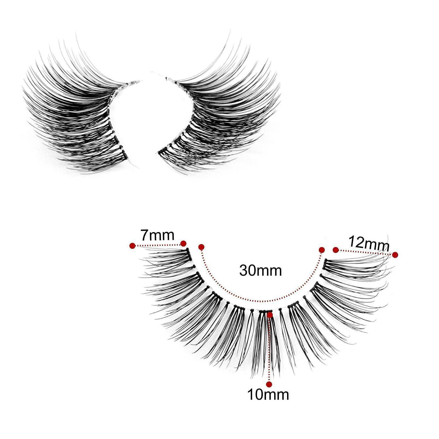 Paar künstlicher Wimpern auf weißem Hintergrund gezeigt, mit unteren Wimpern beschriftet als 7mm, 30mm, 12mm und 10mm, um Längen und Form anzugeben.