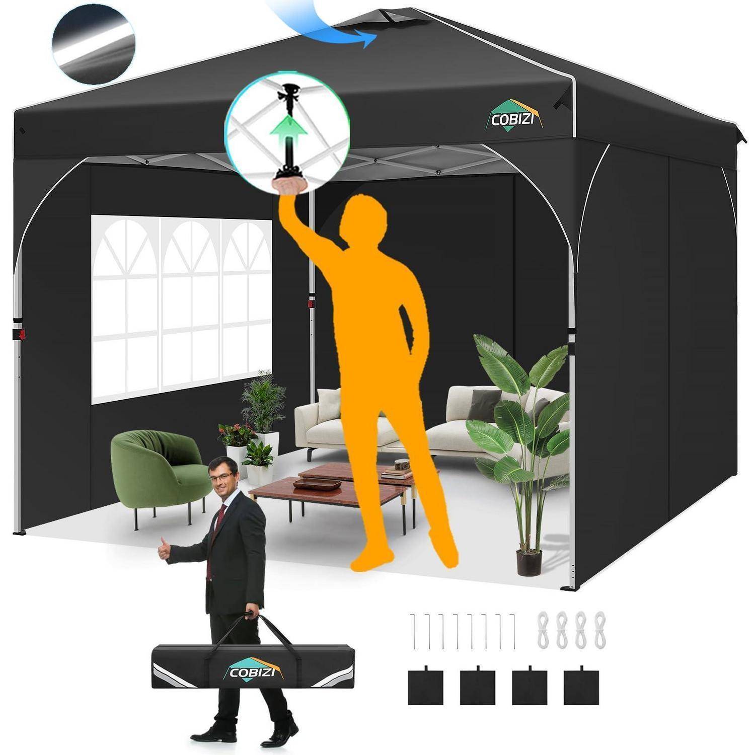 Eine Person montiert ein schwarzes Pop-Up-Pavillon-Zelt und hält dabei die mittlere Stange; das Bild zeigt den Innenaufbau und die mitgelieferte Tragetasche, Heringe und Gewichte.