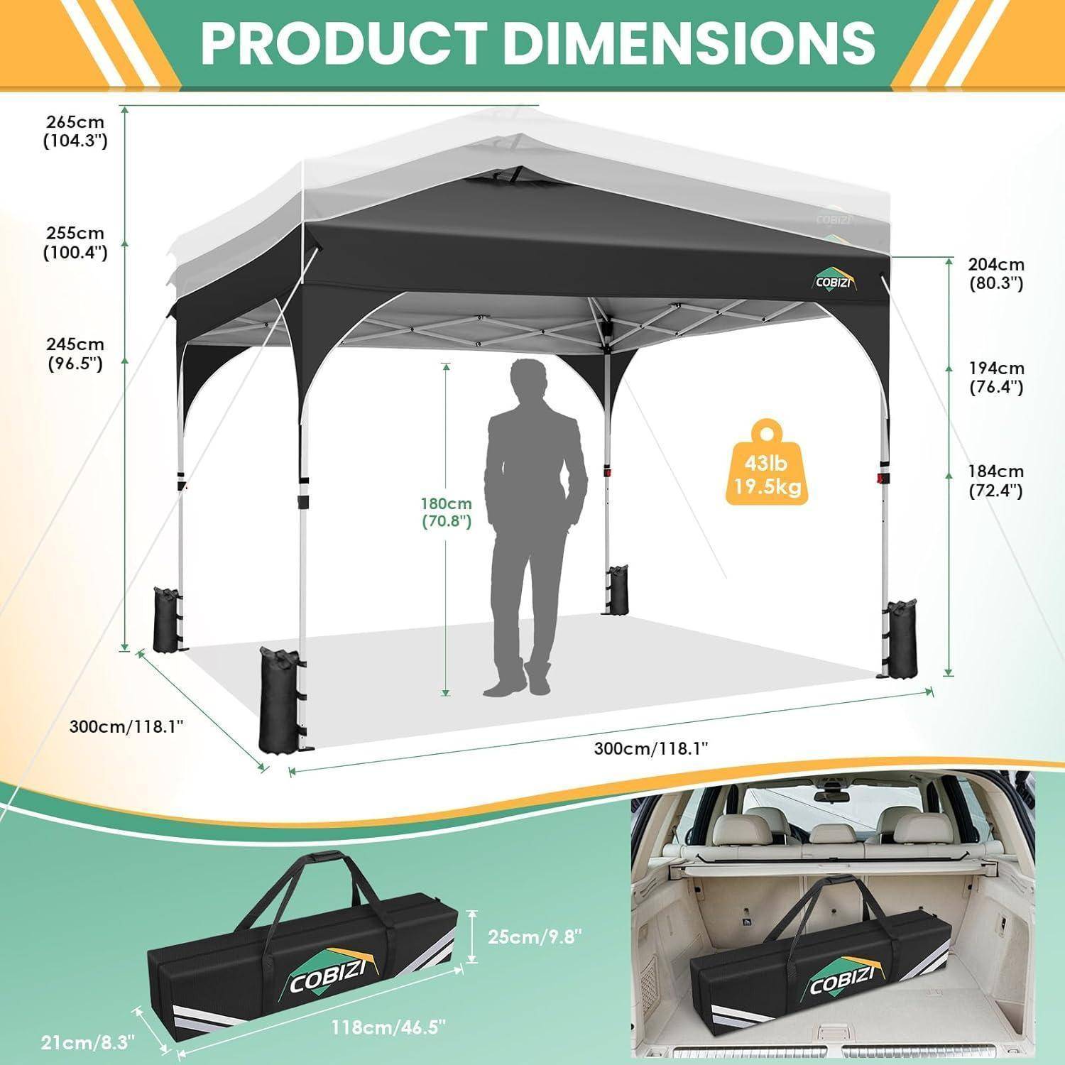 Produktdimensionsdiagramm für ein COBIZ-Pavillon-Zelt: 300 cm x 300 cm Grundfläche, 265 cm Höhe bis zur Spitze, 43 lb Paket; einschließlich Tragetasche und Ansicht der Kofferraumspeicherung.