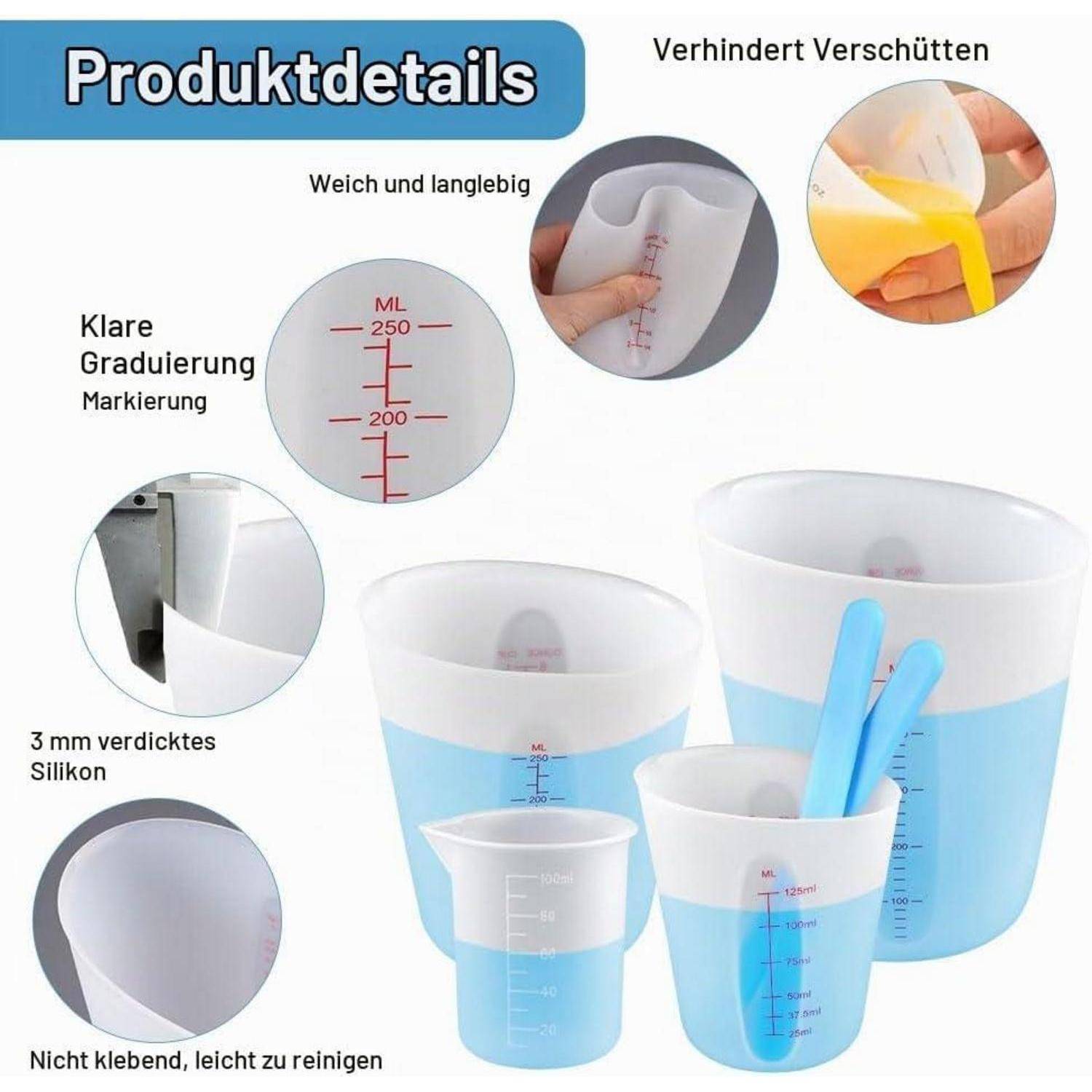 Grafik mit Produktdetails zeigt einen blauen Silikonmessbecher mit klaren Graduierungen, flexiblem Ausgießer, 3 mm dickem Silikon, Antihaft- und leicht zu reinigen.