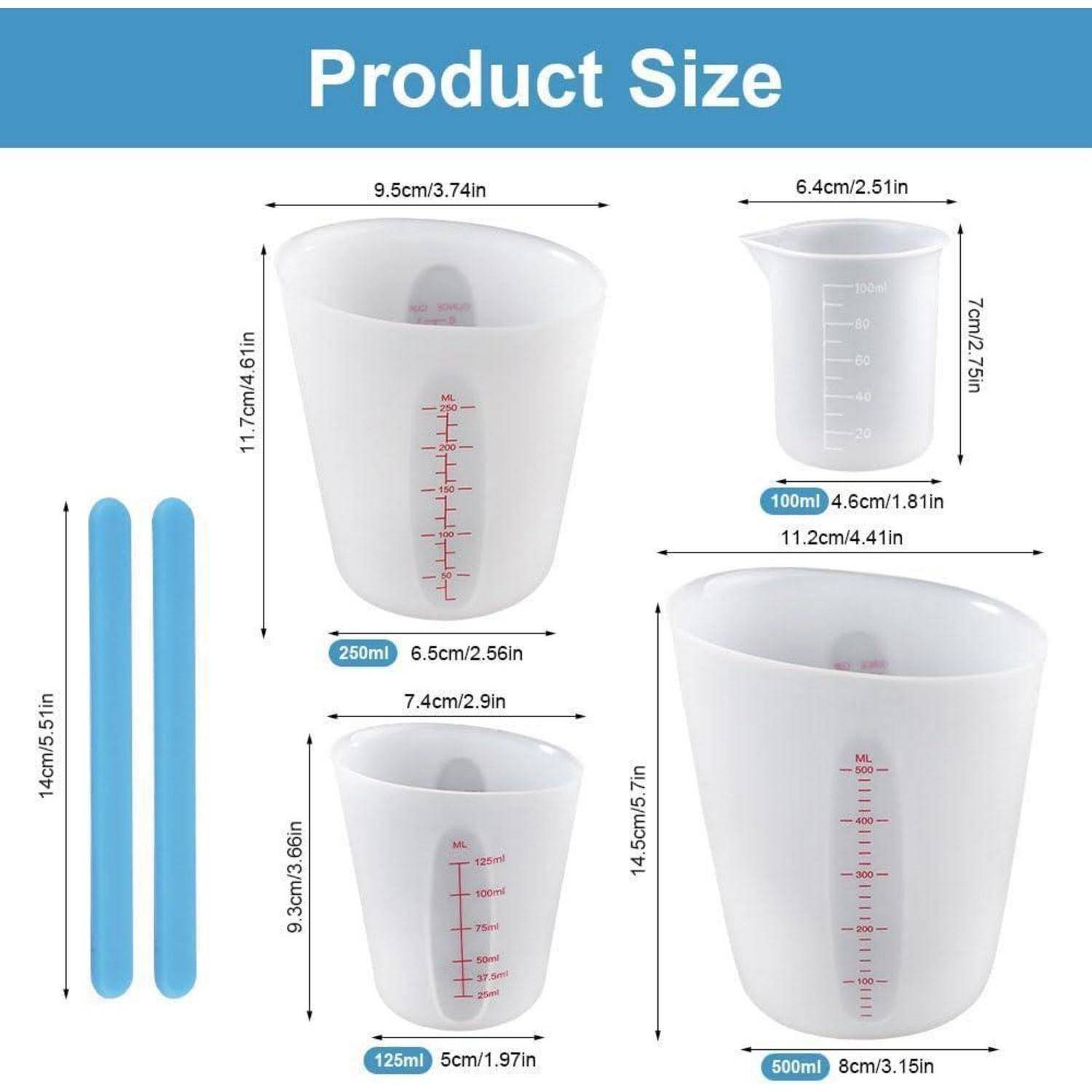 Produktgrößentabelle mit vier durchsichtigen Messbechern mit den Bezeichnungen 100ml, 125ml, 250ml und 500ml, mit Höhen- und Breitenabmessungen in cm und Zoll.