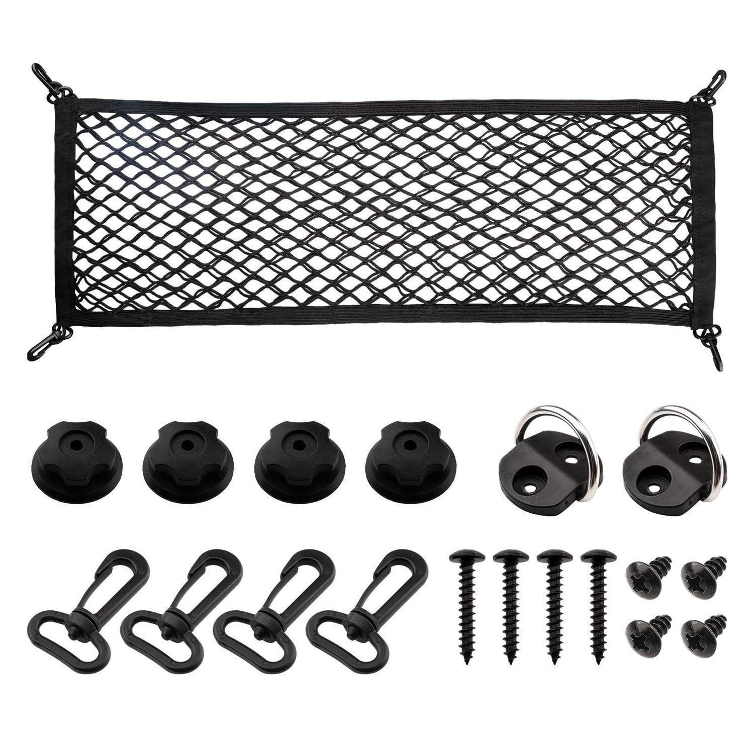 Schwarzes elastisches Ladenetz-Set mit Haken, Befestigungsscheiben, Schrauben und Klammern zum Sichern von Gepäck oder Ausrüstung.
