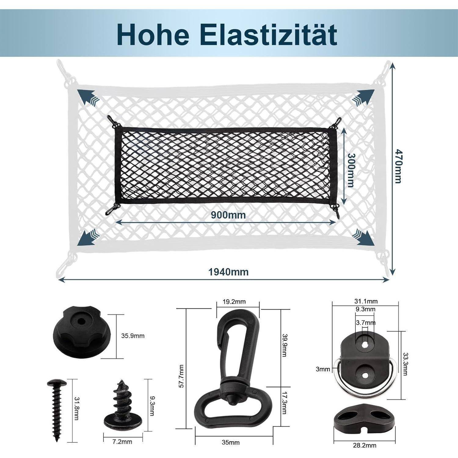 Diagramm eines hochelastischen Ladenetzes mit Abmessungen (1940 mm x 470 mm, innen 900 mm x 300 mm) und einschließlich Haken, Schrauben und Befestigungselementen mit Maßen.