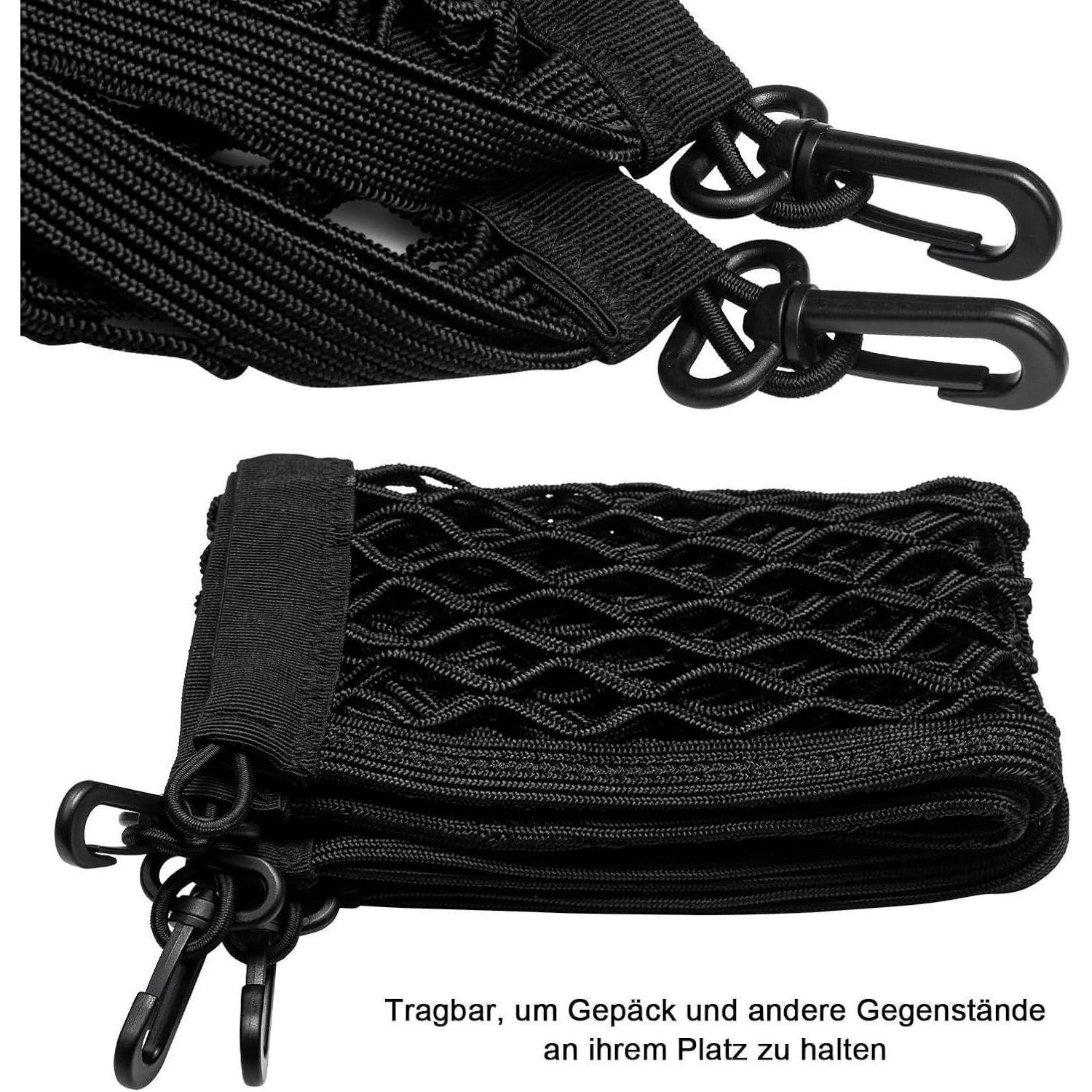 Schwarzes elastisches Transportnetz mit Haken zum Befestigen von Gepäck oder anderen Gegenständen.