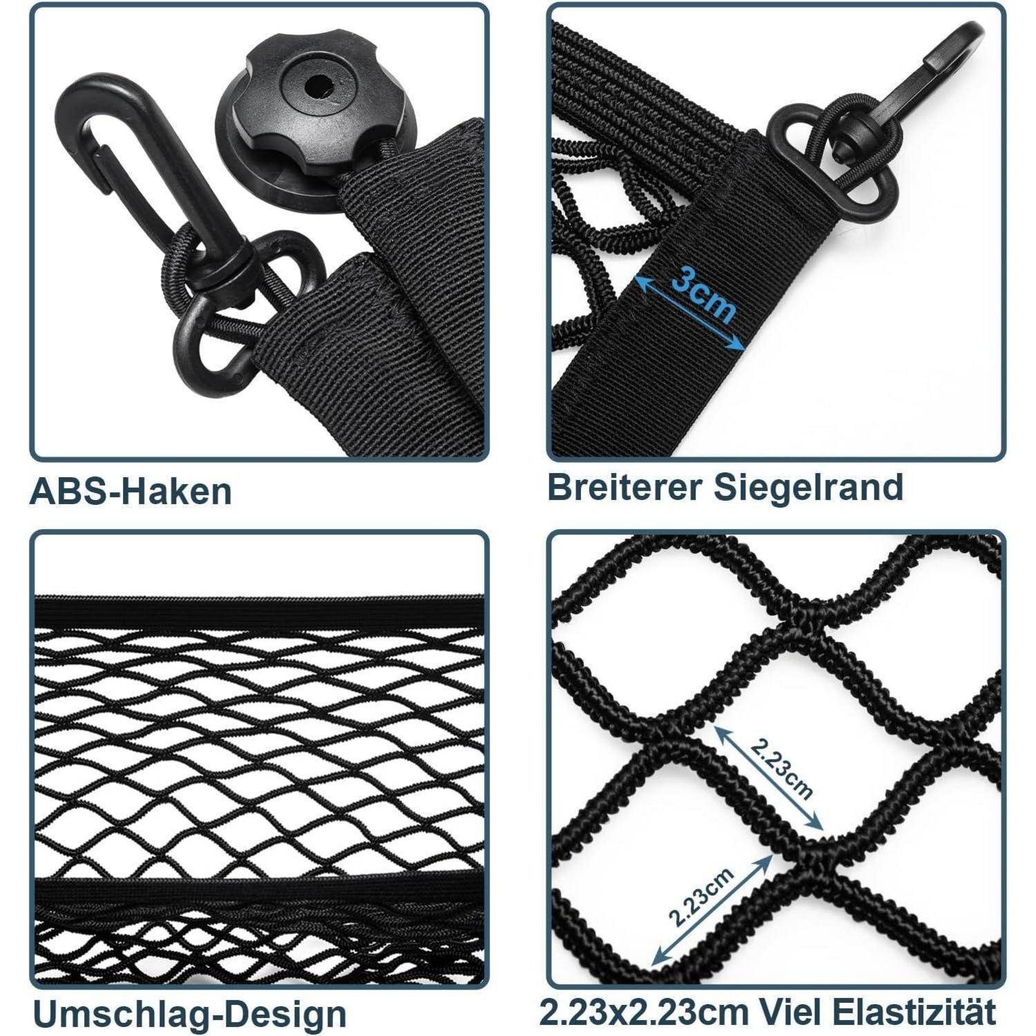 Vier-teilige Produktgrafik eines schwarzen Ladenetzes mit einem ABS-Haken, breiterer Kantenbande, faltbarem Design und 2,23 x 2,23 cm elastischem Netzgeflecht.