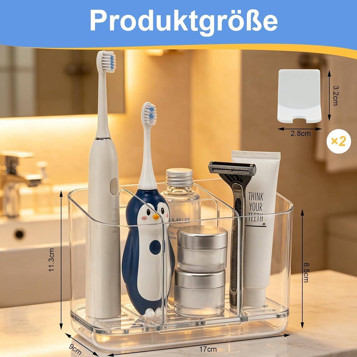 Badezimmerorganizer mit Zahnbürsten, Rasierer, Zahnpasta und kleinen Behältern; zeigt Produktabmessungen und ein Clip-On-Halter-Zubehörteil.