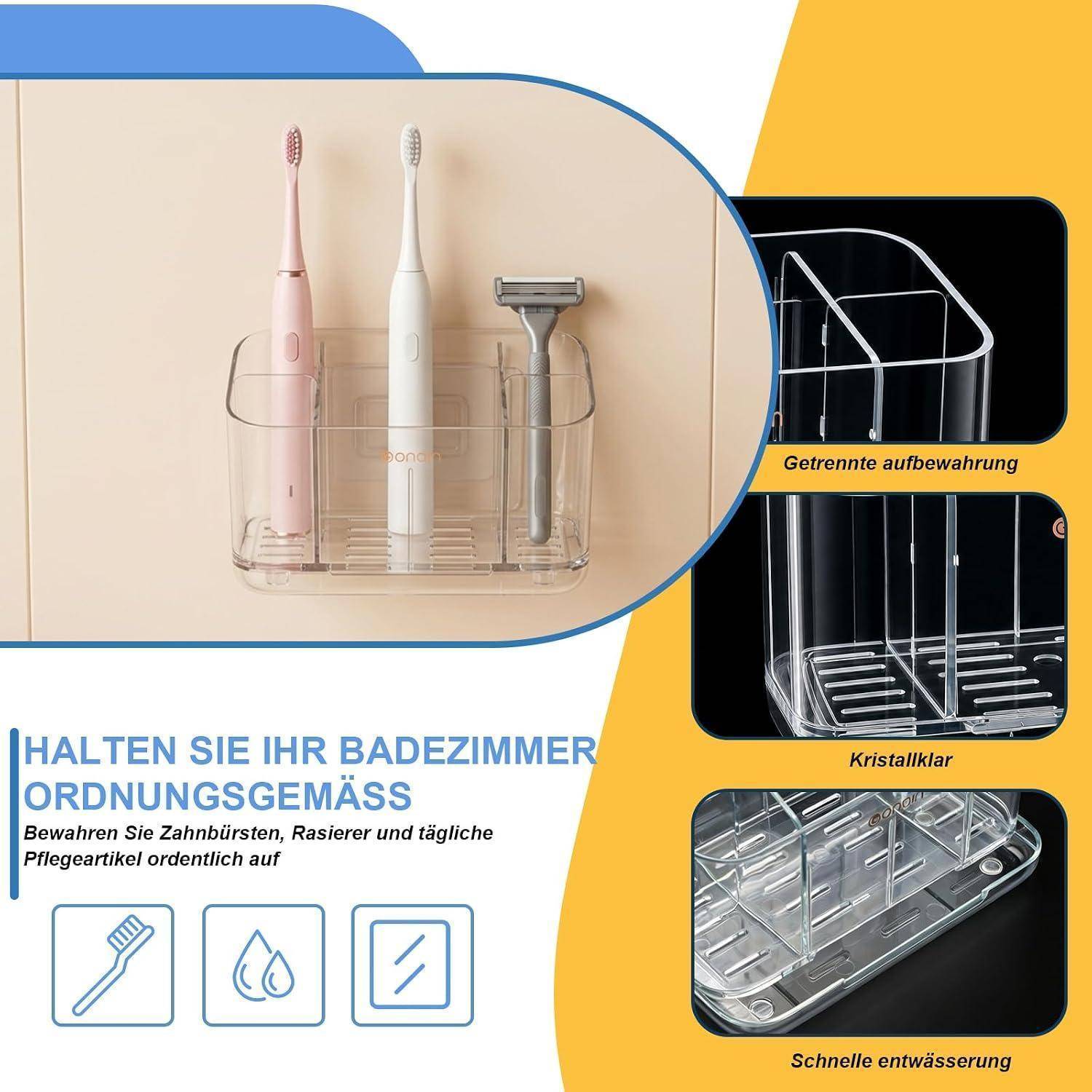 Zahnbürstenhalter,2 Stück Selbstklebender Zahnbürstenhalter Wand ohne Bohren,1 Stück mit 5-Fach Badezimmer-Organizer,Badezimmer Organizer Wandmont