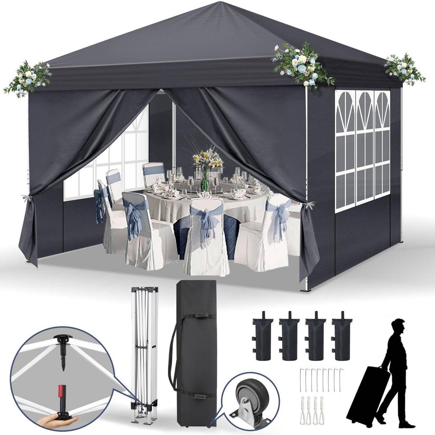 Schwarzes Outdoor-Gartenzelt mit offener Vorderseite, Blumendekoration, runder Esstisch und Stühle im Inneren, plus Bild des enthaltenen Rahmens, Tragetasche, Heringe und Transporttasche mit Rädern.