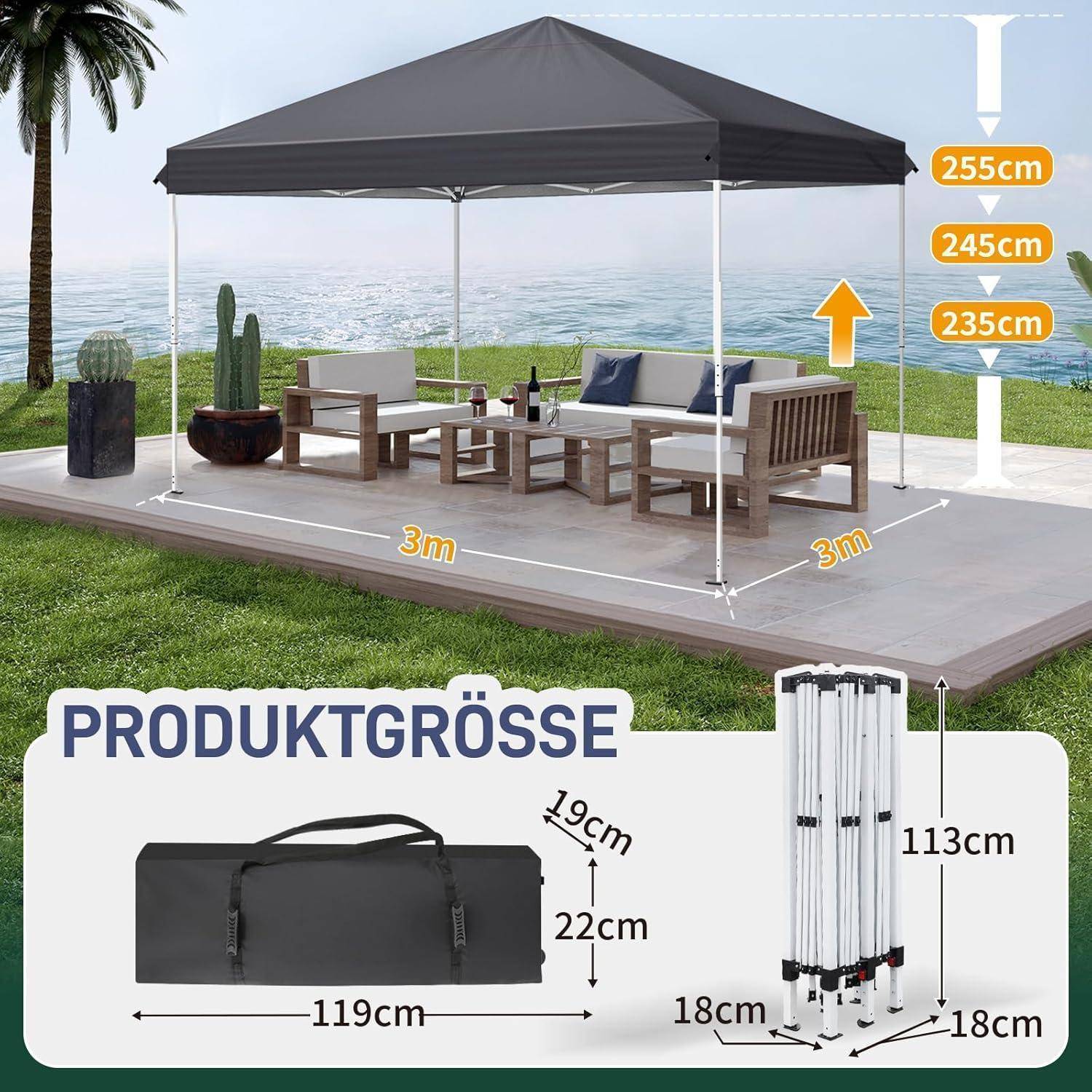Outdoor-Grauer Pavillon auf einer 3m x 3m Terrasse, mit Höhenoptionen 235cm, 245cm und 255cm; enthält Produktgröße und Maße der Aufbewahrungstasche.