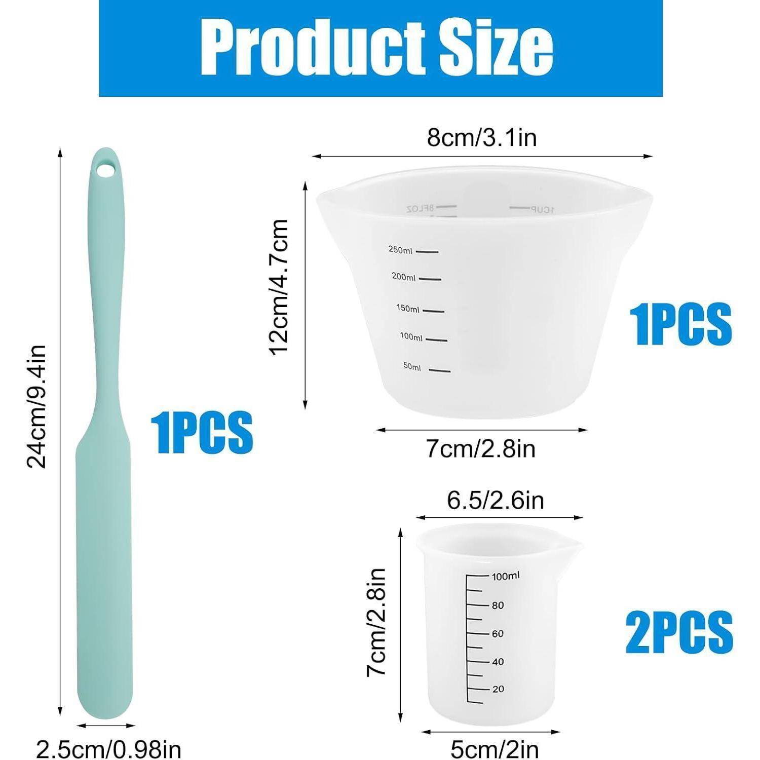 Produktgrößentabelle mit einem 24 cm Spatel und einer 12 cm Messbechern, plus zwei 7 cm Bechern; Abmessungen in cm und Zoll gekennzeichnet.