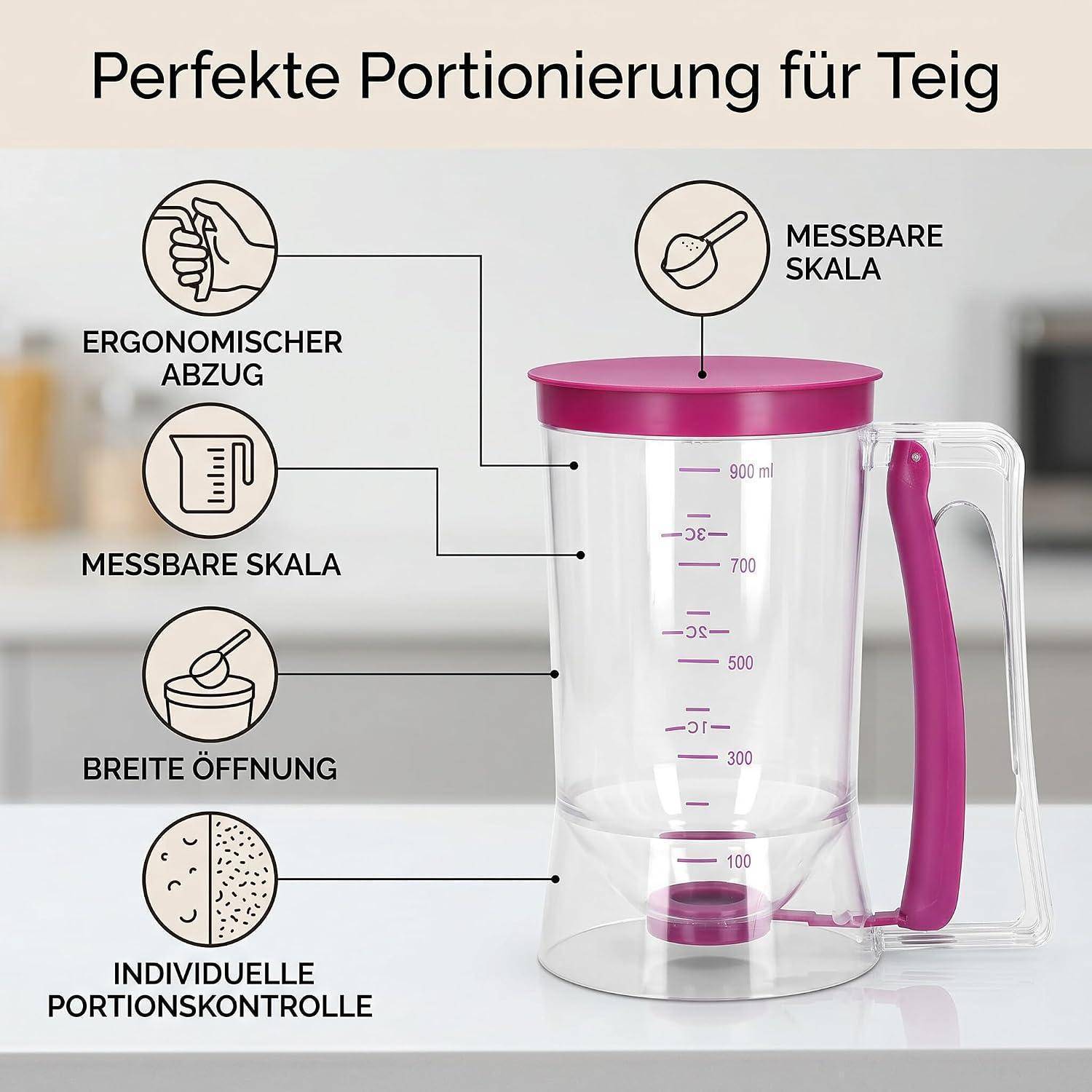 Produktbild eines Teigportionierungskrugs mit magentafarbenem Deckel und Griff, der ergonomischen Griff, breite Öffnung und abgestufte Messskala zur Portionskontrolle zeigt.