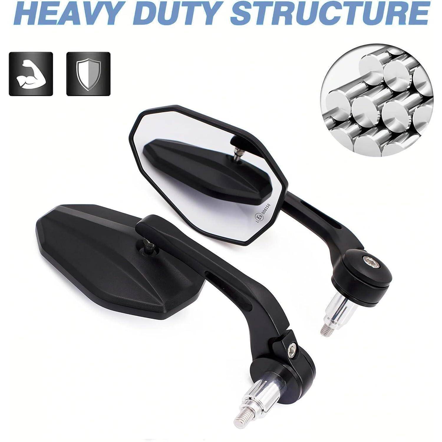 Paar schwarzer Motorrad-Seitenspiegel mit Text „HEAVY DUTY STRUCTURE