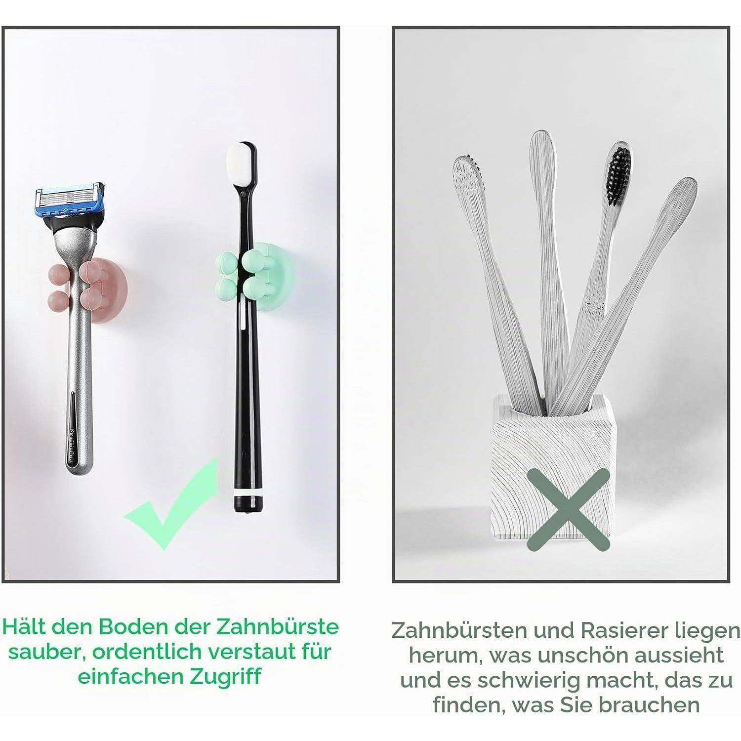 Geteiltes Bild zum Vergleich ordentlicher Aufbewahrung: Links sind Zahnbürste und Rasierer aufrecht montiert für einfachen Zugriff; rechts liegen Zahnbürsten und Rasierer unordentlich in einem Behälter.