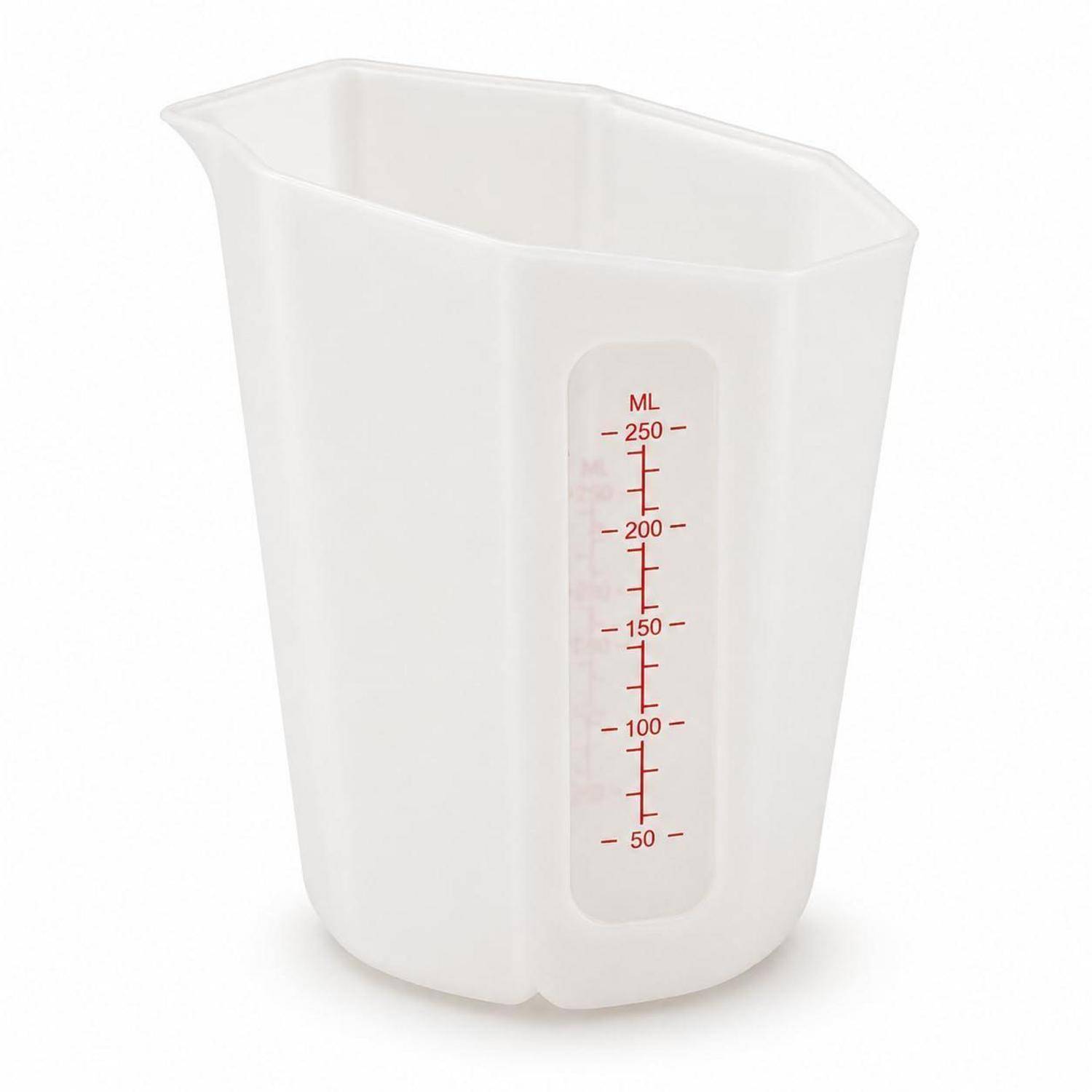 Weiße Kunststoff-Messbeecher mit roter Milliliter-Skala, gekennzeichnet von 50 bis 250 mL.