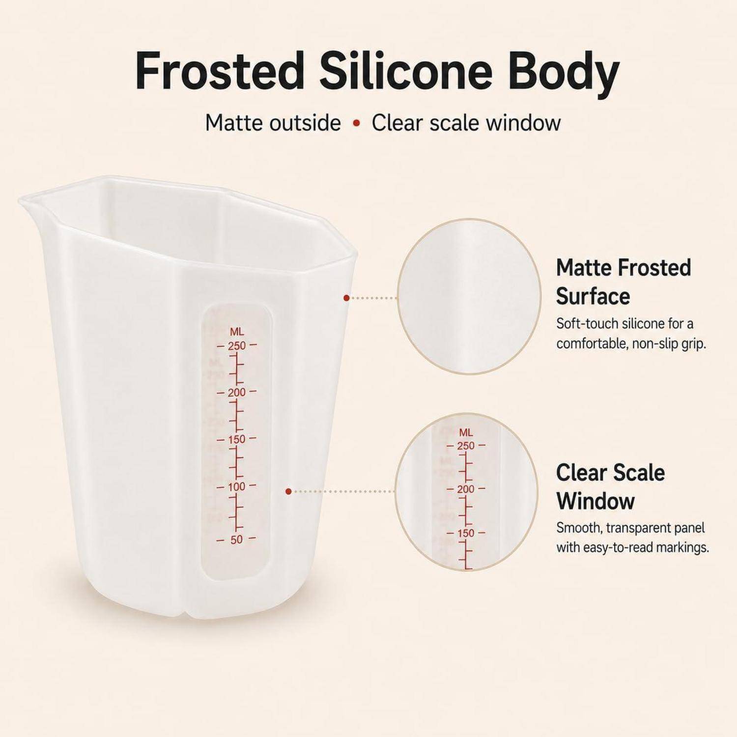 Infografik eines gefrosteten Silikonmessbechers mit der Beschriftung "Frosted Silicone Body"" (Gefrosteter Silikonkörper) mit matter Außenseite, klarem Skalenfenster und 250-ml-Markierungen.