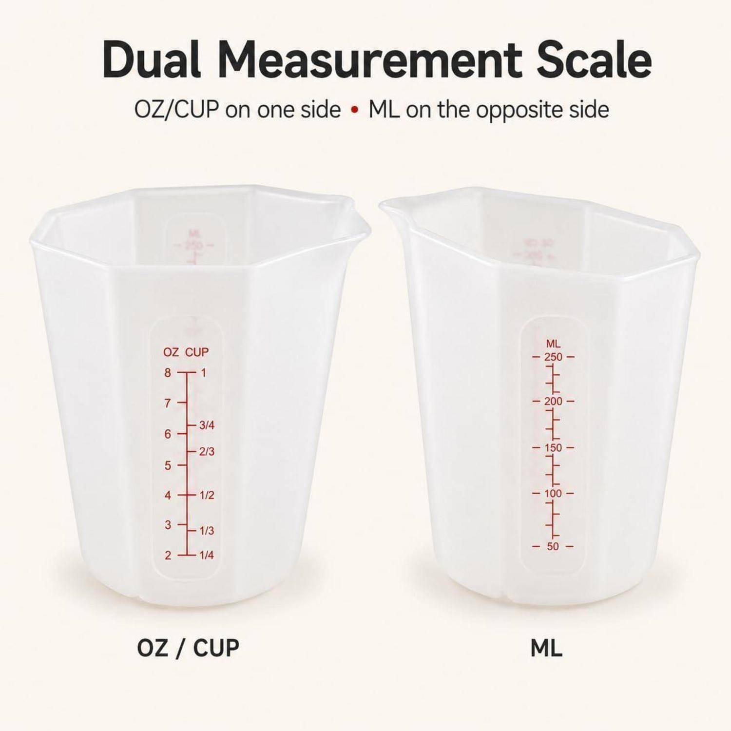 Zwei transparente Messbehälter nebeneinander mit „Dual Measurement Scale": eine Seite mit oz/cup gekennzeichnet, die andere mit ml.