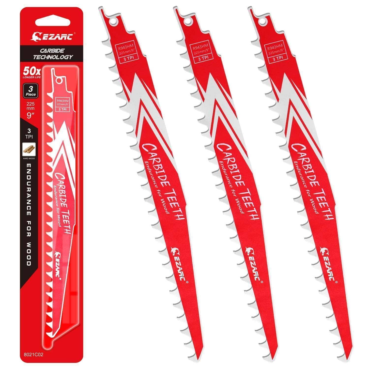 Verpackung und drei rote Ezarc-Hartmetallzahn-Sägeblätter für Reciprosägen, gekennzeichnet für Holzschnitt und 3 TPI.