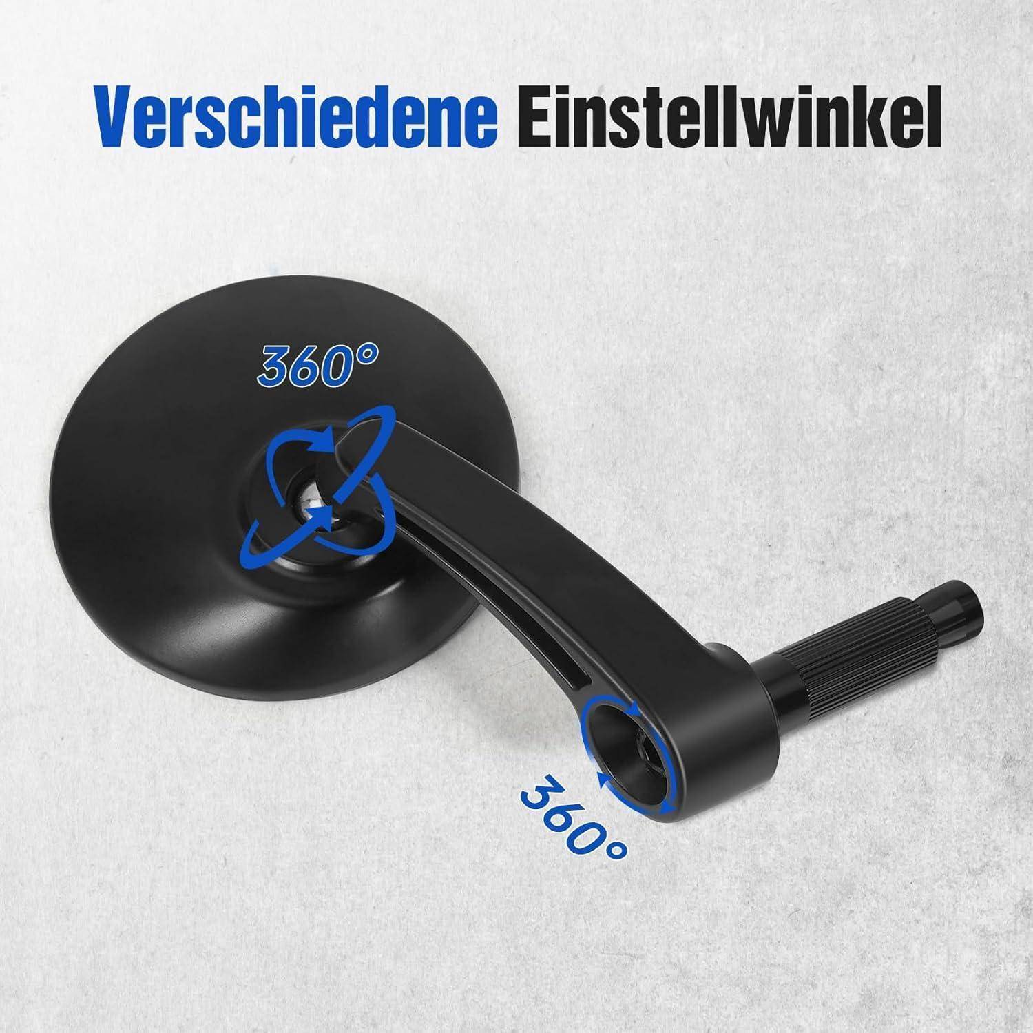 Schwarze verstellbare Wandhalterung mit 360°-Rotationsbeschriftungen und dem deutschen Text „Verschiedene Einstellwinkel