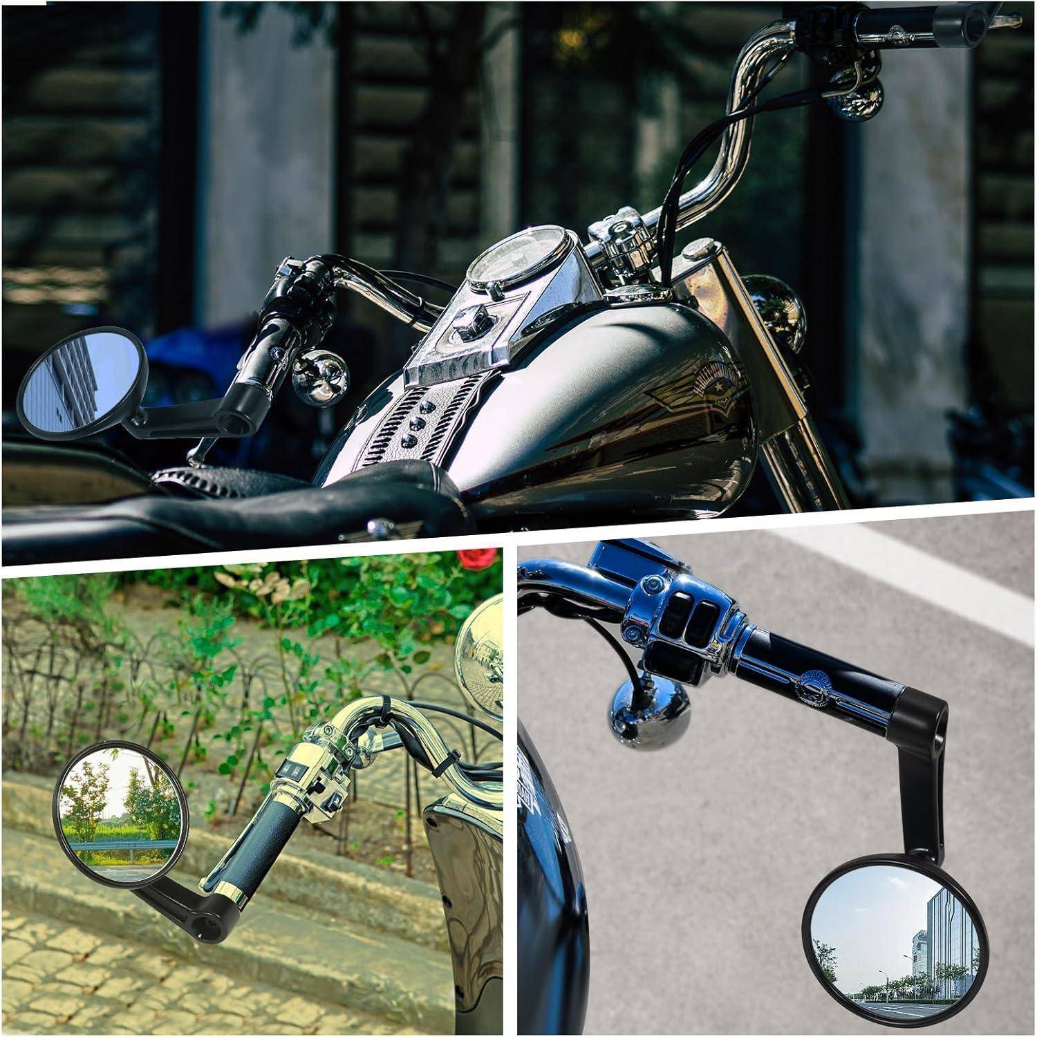 Collage von Motorrad-Lenkerspiegeln mit verschiedenen Nahaufnahmen von verchromten und schwarzen Spiegelbefestigungen an Motorrädern im Freien.