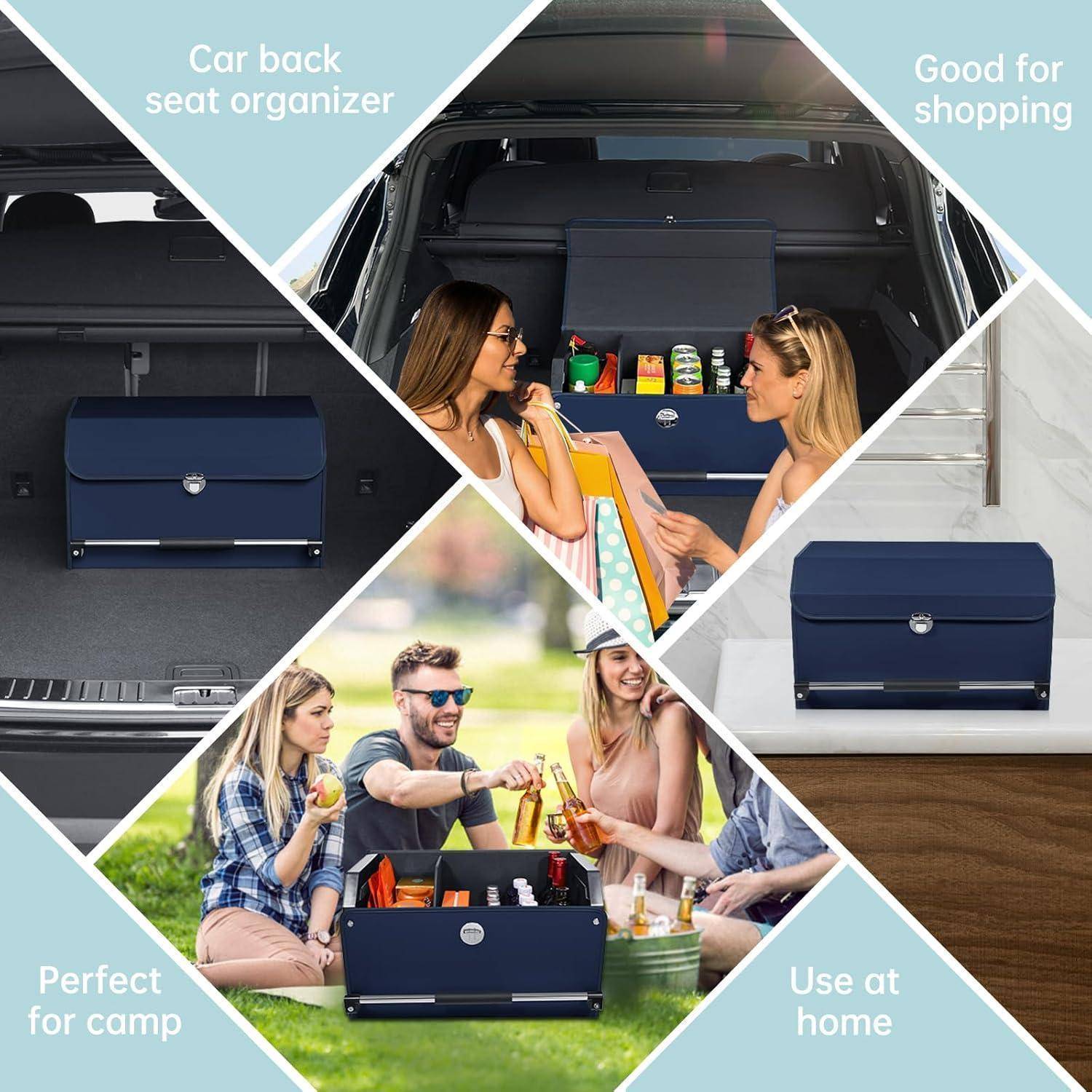 Collage mit einem blauen zusammenklappbaren Aufbewahrungskasten, der als Organizer für die Rückbank des Autos, Picknick-Kühlbox, Campingaufbewahrung und Heimorganizer verwendet wird.