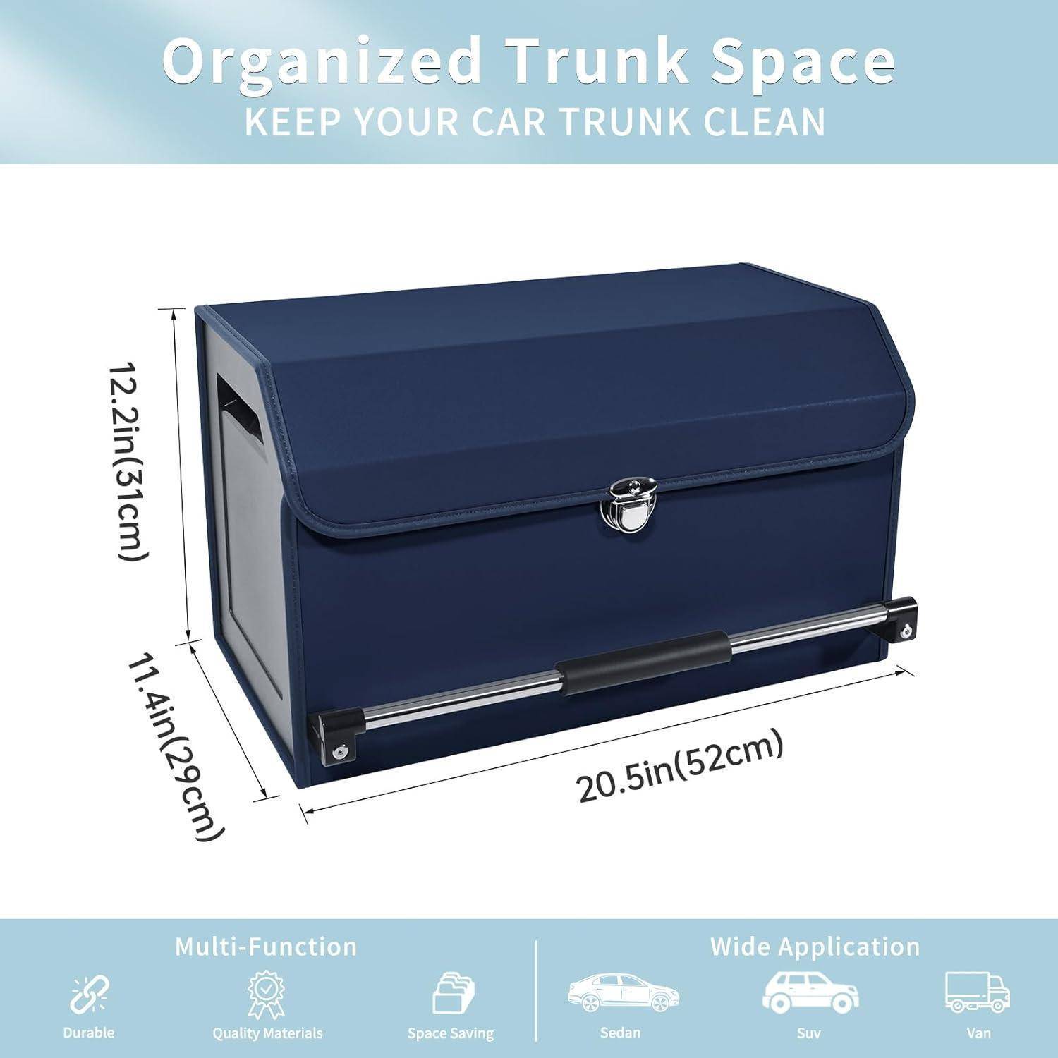Blauer Kofferraumorganizer-Kasten mit der Aufschrift „Organized Trunk Space