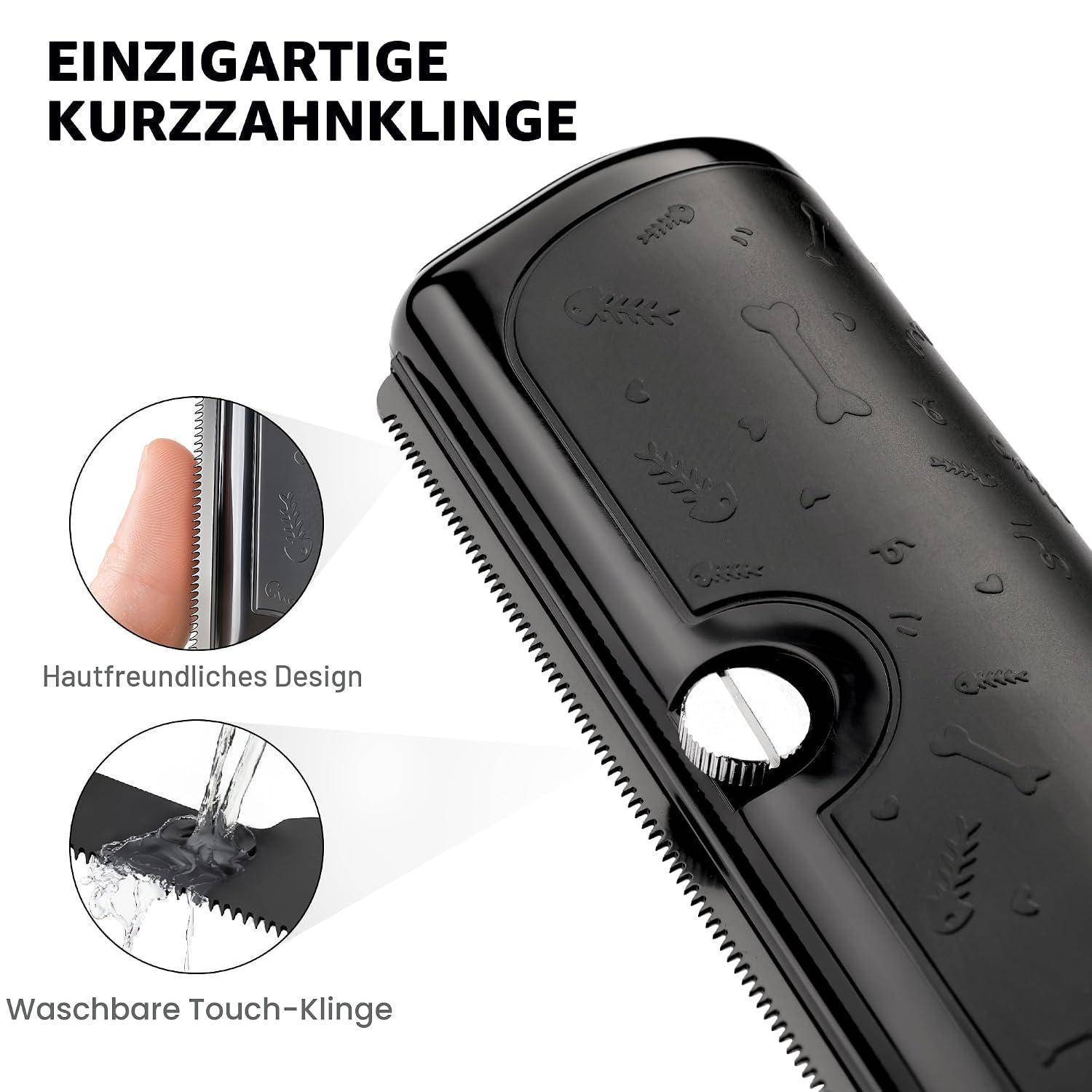 Schwarzer elektrischer Haarschneider mit deutschem Text „EINZIGARTIGE ZAHNKLINGE"; Beschriftungen zeigen hautfreundliches Design und waschbare Berührungsklinge.