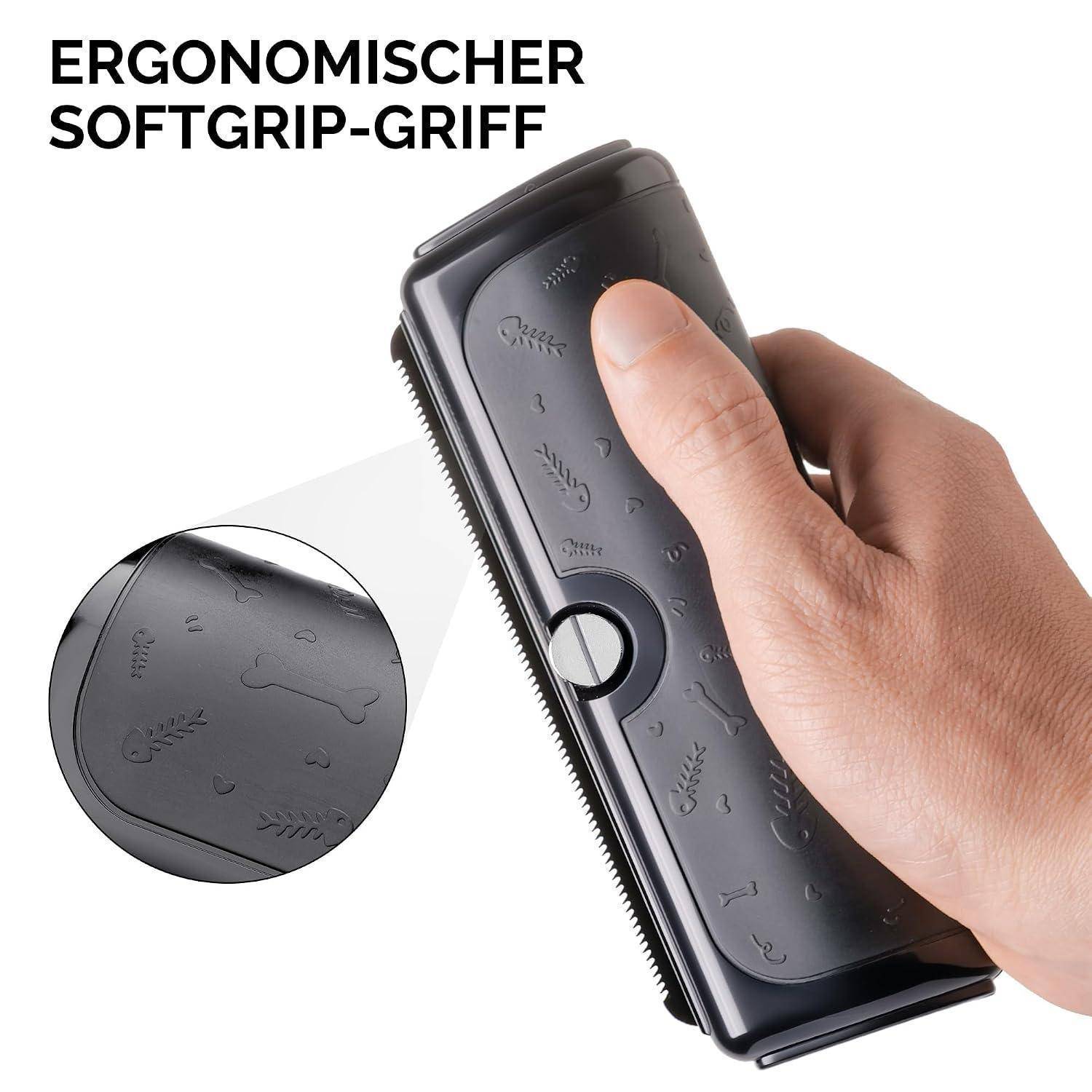 Hand hält einen schwarzen ergonomischen Softgrip-Pinsel, mit eingefügter Nahaufnahme, die die strukturierte Griffoberfläche zeigt; deutscher Text liest „ERGONOMISCHER SOFTGRIP-GRIFF".
