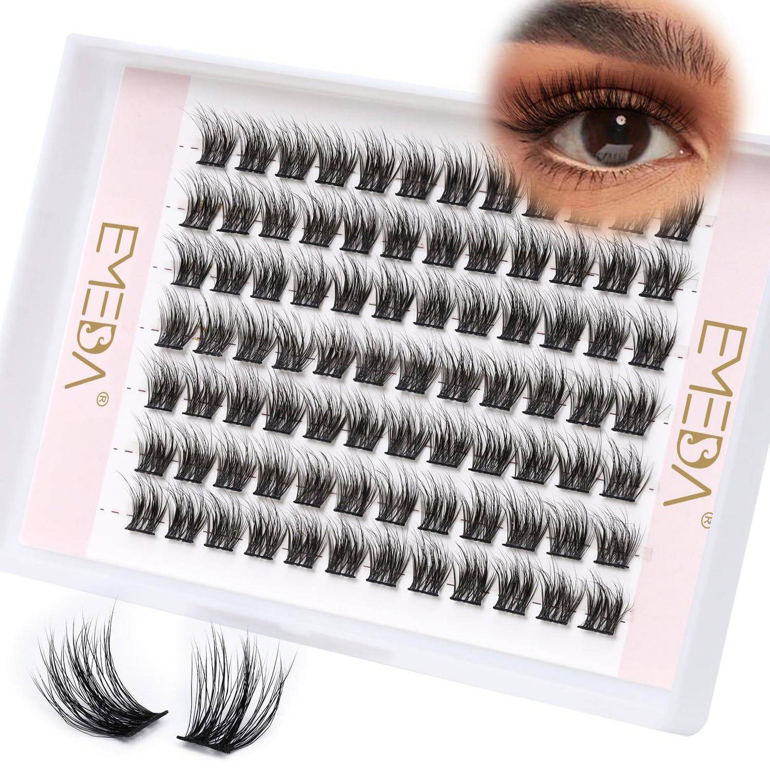Paket mit künstlichen Wimpernbüscheln in verschiedenen Längen, mit einer Nahaufnahme eines Auges, das den gewünschten Wimperneffekt zeigt.