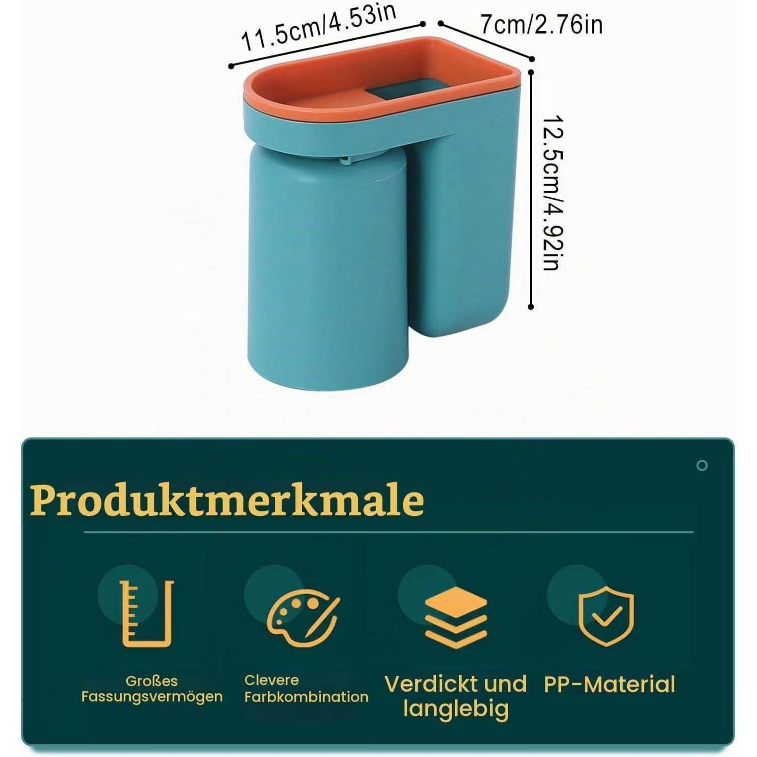 Behälter mit zwei Fächern in Teal und Orange mit den Abmessungen 11,5 x 7 x 12,5 cm; das Merkmalschild auf Deutsch listet große Kapazität, Farbmischung und strapazierfähiges dickwandiges PP-Material auf.