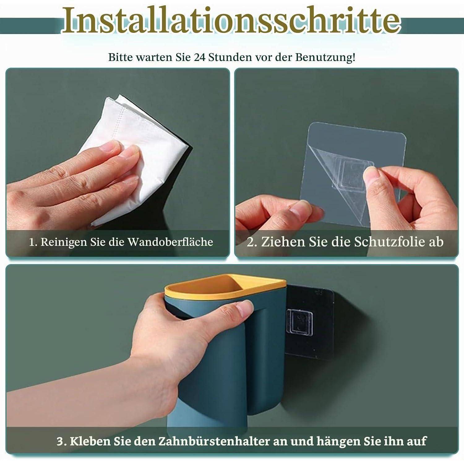 Installationsanleitung: Wand reinigen, Schutzfolie abziehen, dann die Zahnbürstenhalter anbringen und aufhängen, nach 24 Stunden vor Gebrauch warten.