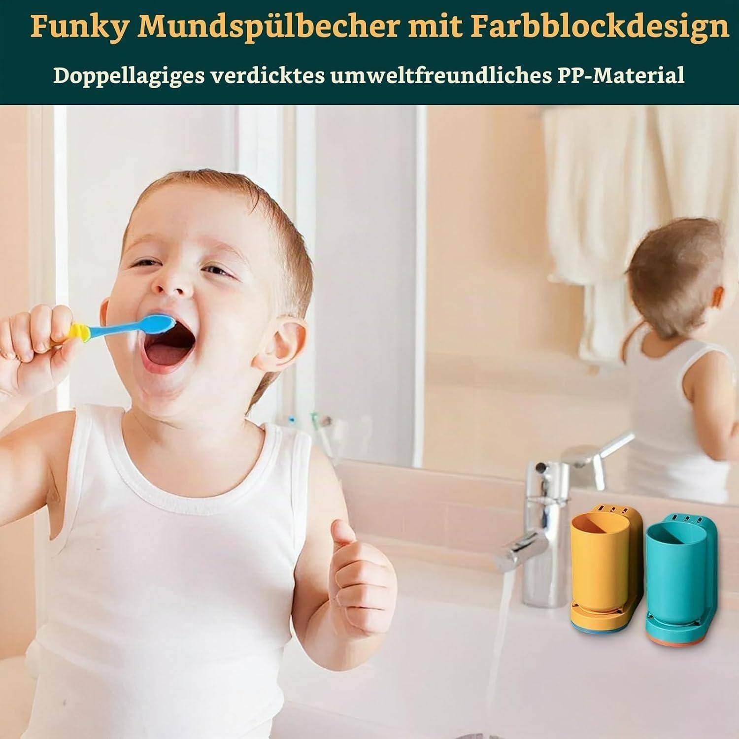 Kind putzt sich die Zähne mit einem bunten Mundspülbecher in einem Badezimmer; deutscher Text wirbt für einen 'Funky Mundspülbecher mit Farbblockdesign' aus umweltfreundlichem PP-Material.