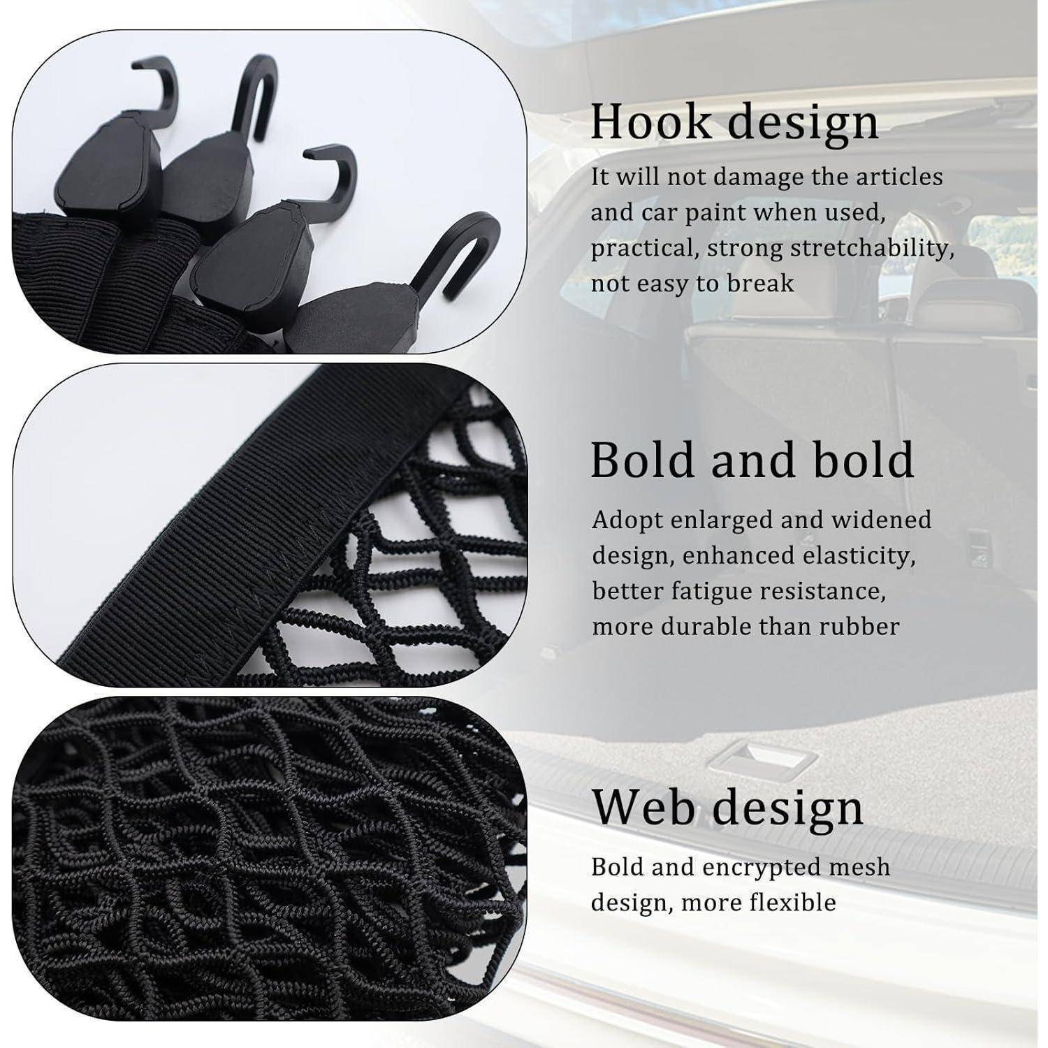 Produktgrafik mit schwarzen elastischen Frachtnetzen mit Haken; der Text hebt das Hakendesign, verstärkte Webriemen und die Netzstruktur für Haltbarkeit und Flexibilität hervor.