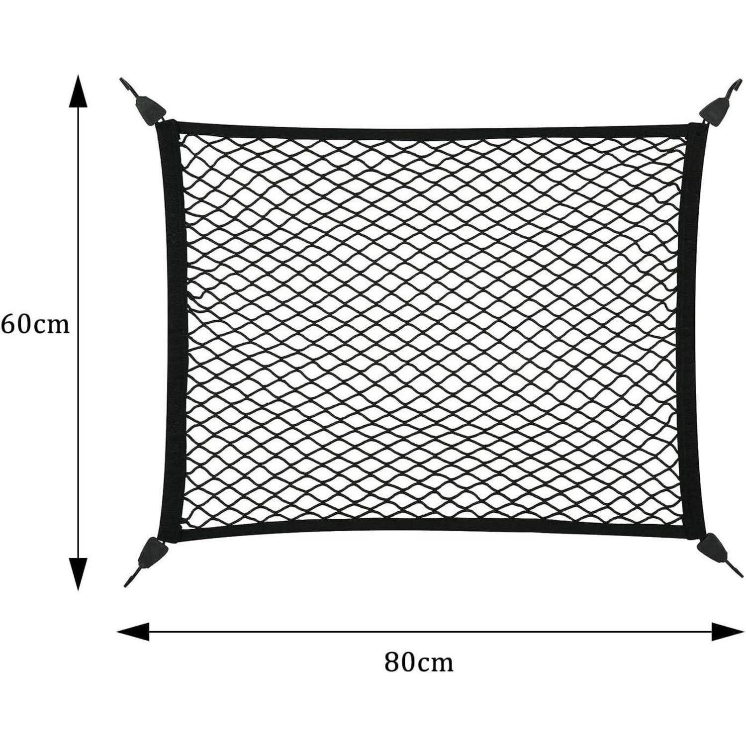 Schwarzes elastisches Ladenetz mit vier Eckenhaken, 80 cm breit und 60 cm hoch.
