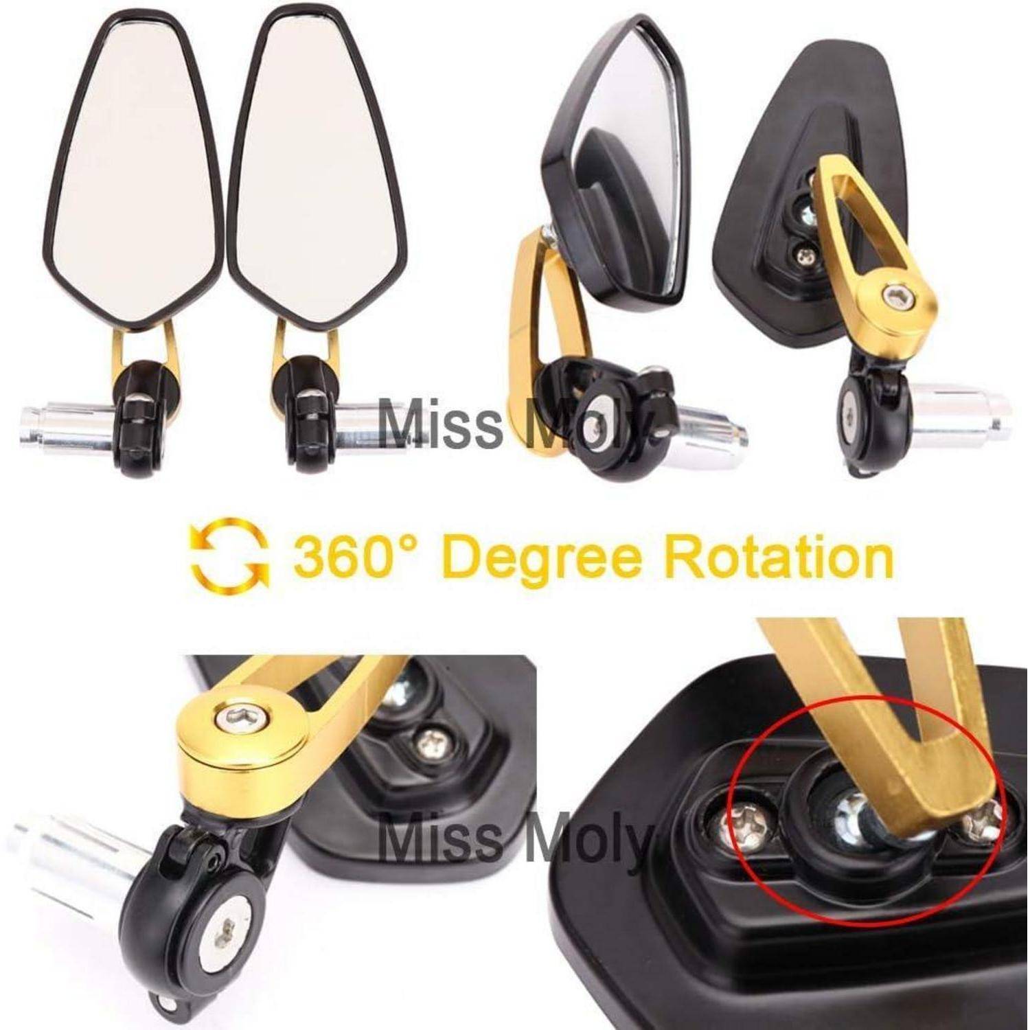 Produktbild von Motorrad-Rückspiegeln mit Vorder-, Seiten- und Nahaufnahmeansichten mit dem Text '360° Grad Rotation', das das verstellbare Montagegelenk hervorhebt.