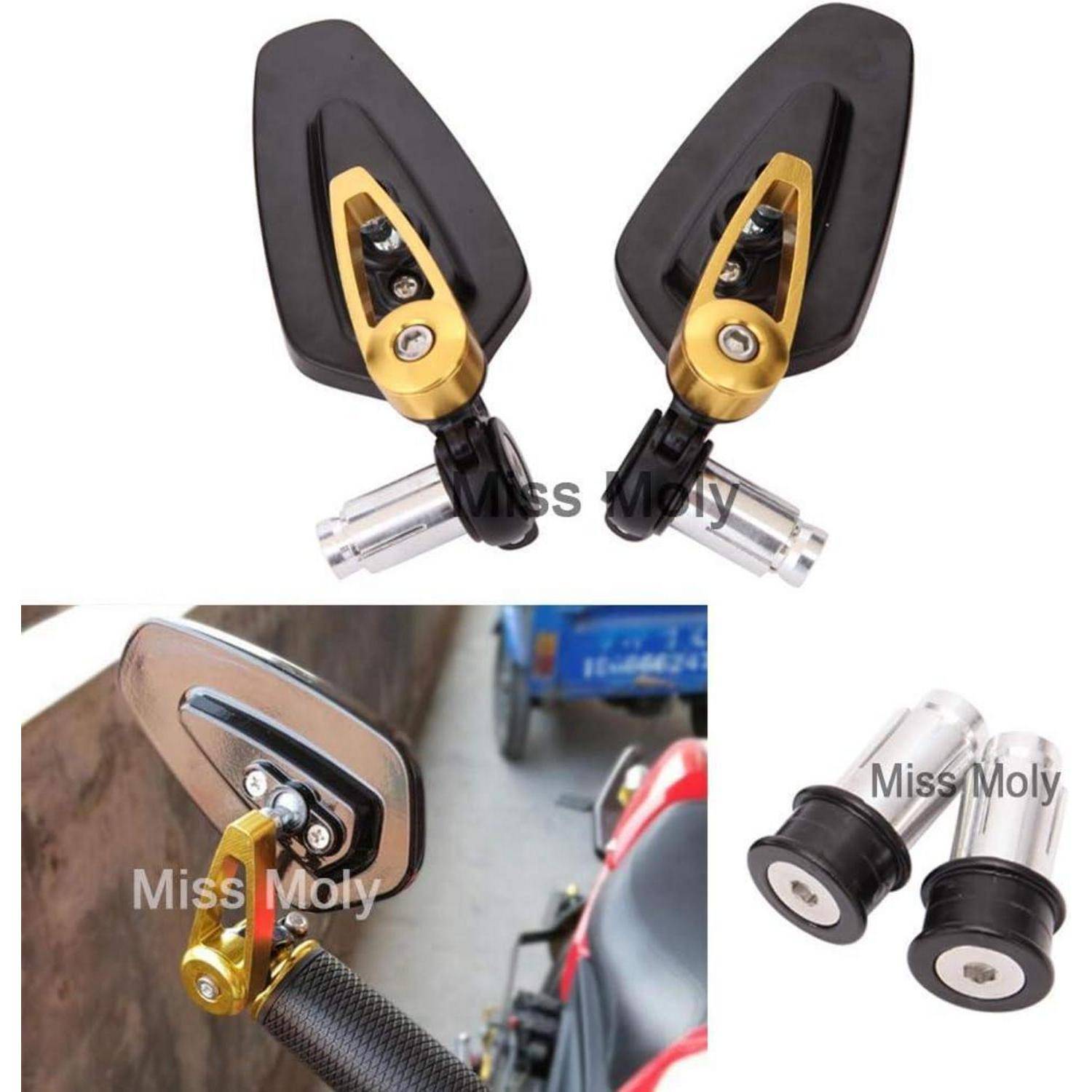 Schwarze Motorrad-Seitenspiegel mit Goldakzenten und verstellbaren Armen, gezeigt in mehreren Produktansichten, einschließlich einer Montageansicht auf einem Roller.