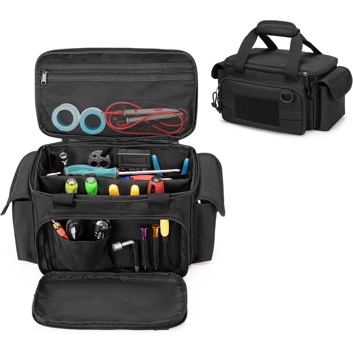 Schwarze Werkzeugtasche mit Reißverschluss, offen, um organisierte Taschen und Handwerkzeuge zu zeigen, mit einer kleineren geschlossenen Ansicht derselben Tasche oben rechts.