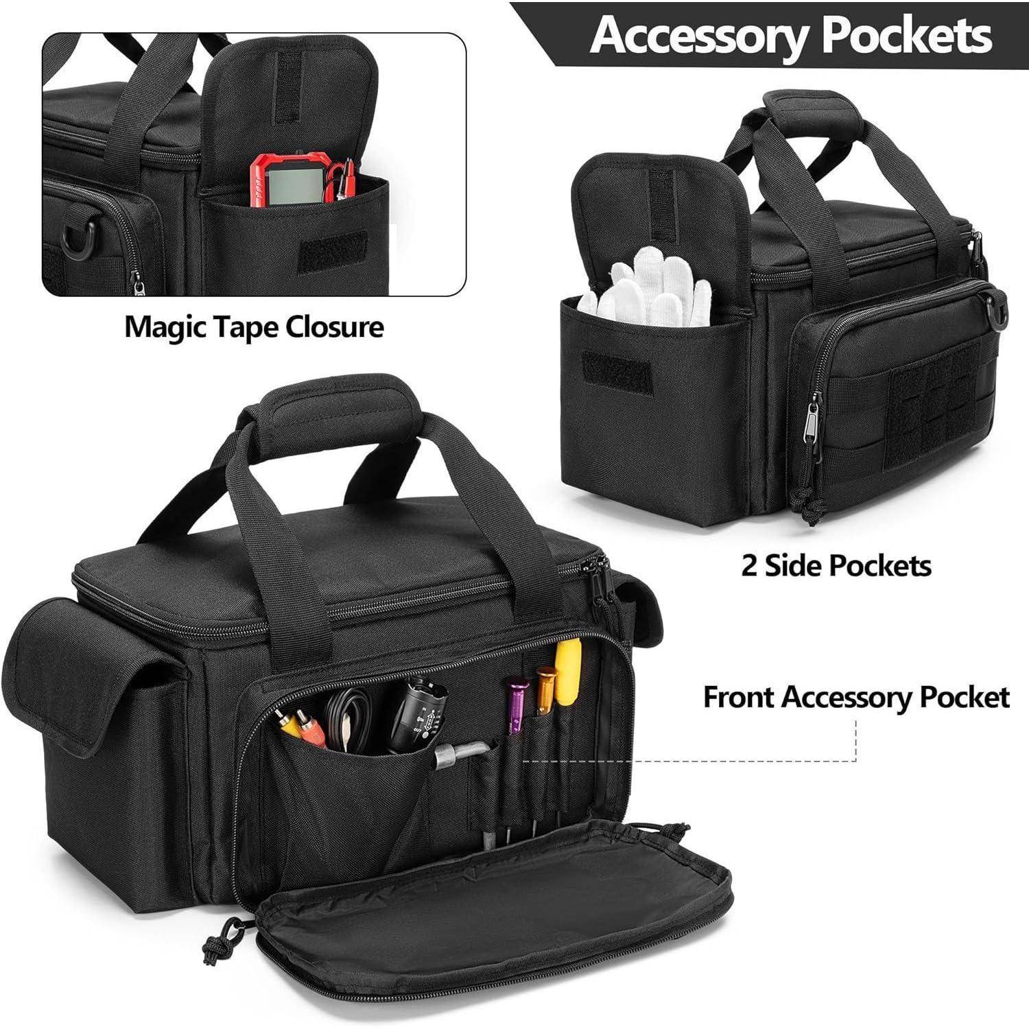 Schwarze Tragetasche mit Accessoire-Taschen, offen dargestellt; Beschriftungen heben „Magic Tape Closure