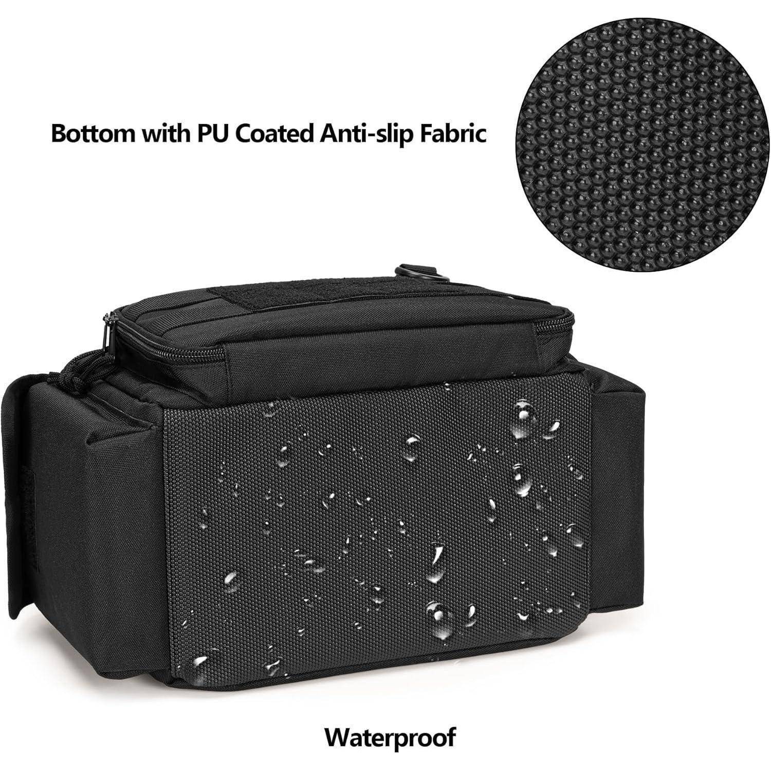 Schwarze Stofftasche mit wasserdichtem, PU-beschichtetem rutschfestem Boden, dargestellt mit Wassertropfen und einer Nahaufnahme der Textur im Inset.