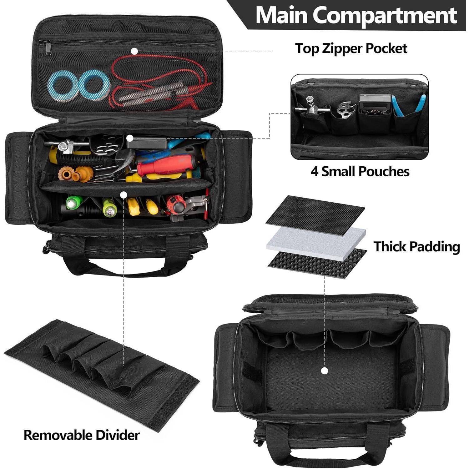 Schwarze Werkzeugtasche mit Hauptfach, oberer Reißverschlusstasche, vier kleinen Taschen, dicker Polsterung und abnehmbarem Trennsteg, wie in der Produktabbildung dargestellt.